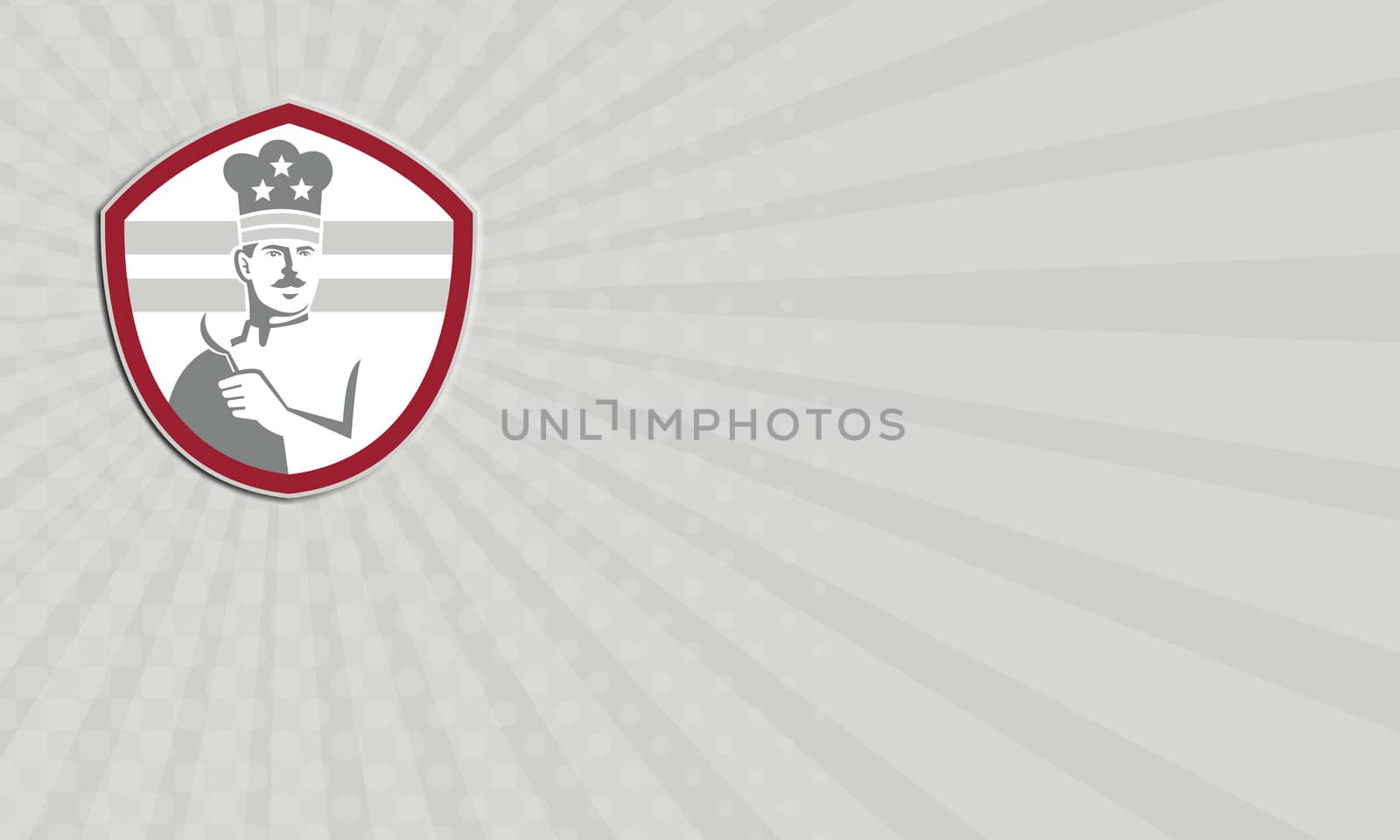 Business card showing illustration of a chef, cook or baker holding spatula over shoulder facing front set inside shield creste done in retro style.