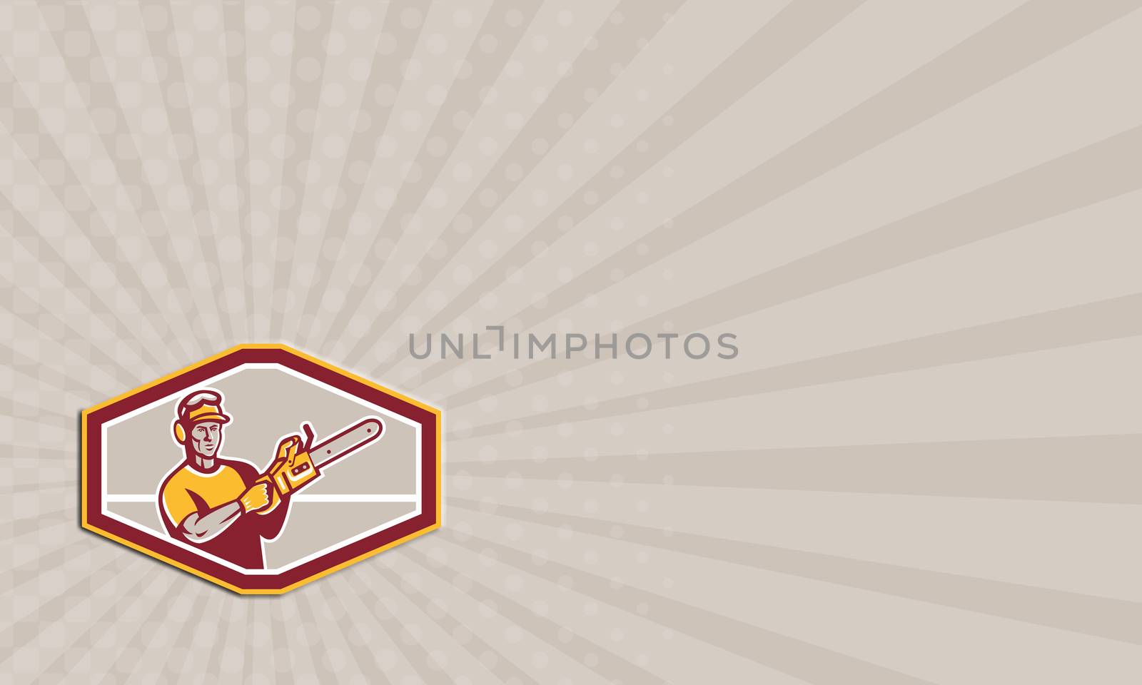 Business card showing illustration of arborist tree surgeon lumberjack holding a chainsaw set inside octagon shape on isolated background done in retro style.