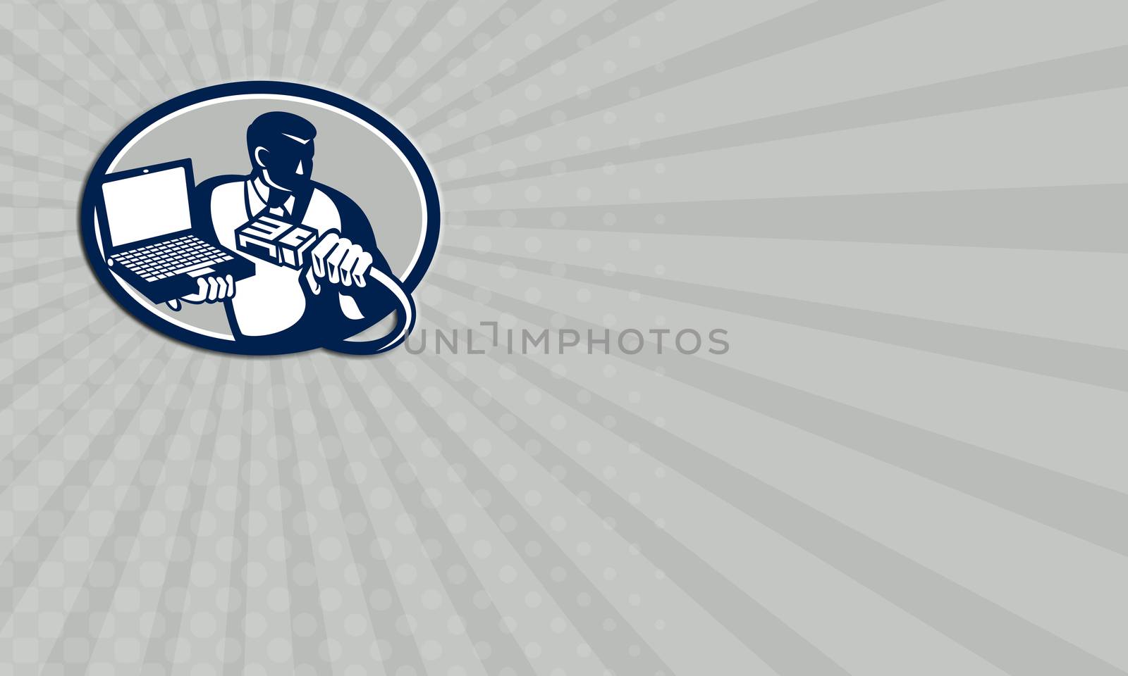 Business card showing illustration of computer technician repairman geek holding network cable and laptop notebook computer done in retro style.