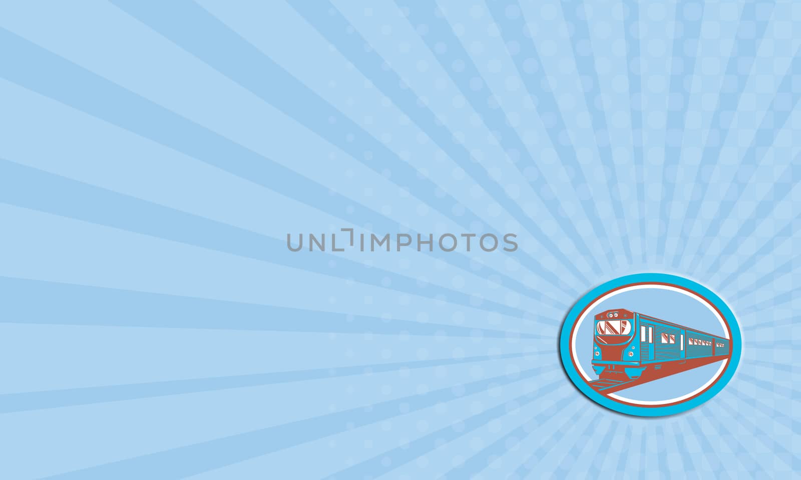 Business card showing illustration of a passenger train viewed from the front set inside circle on isolated background done in retro style. 