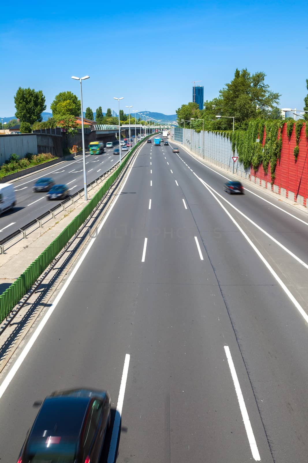 Vienna city highway  with the brand new DC-Tower on background, Austria