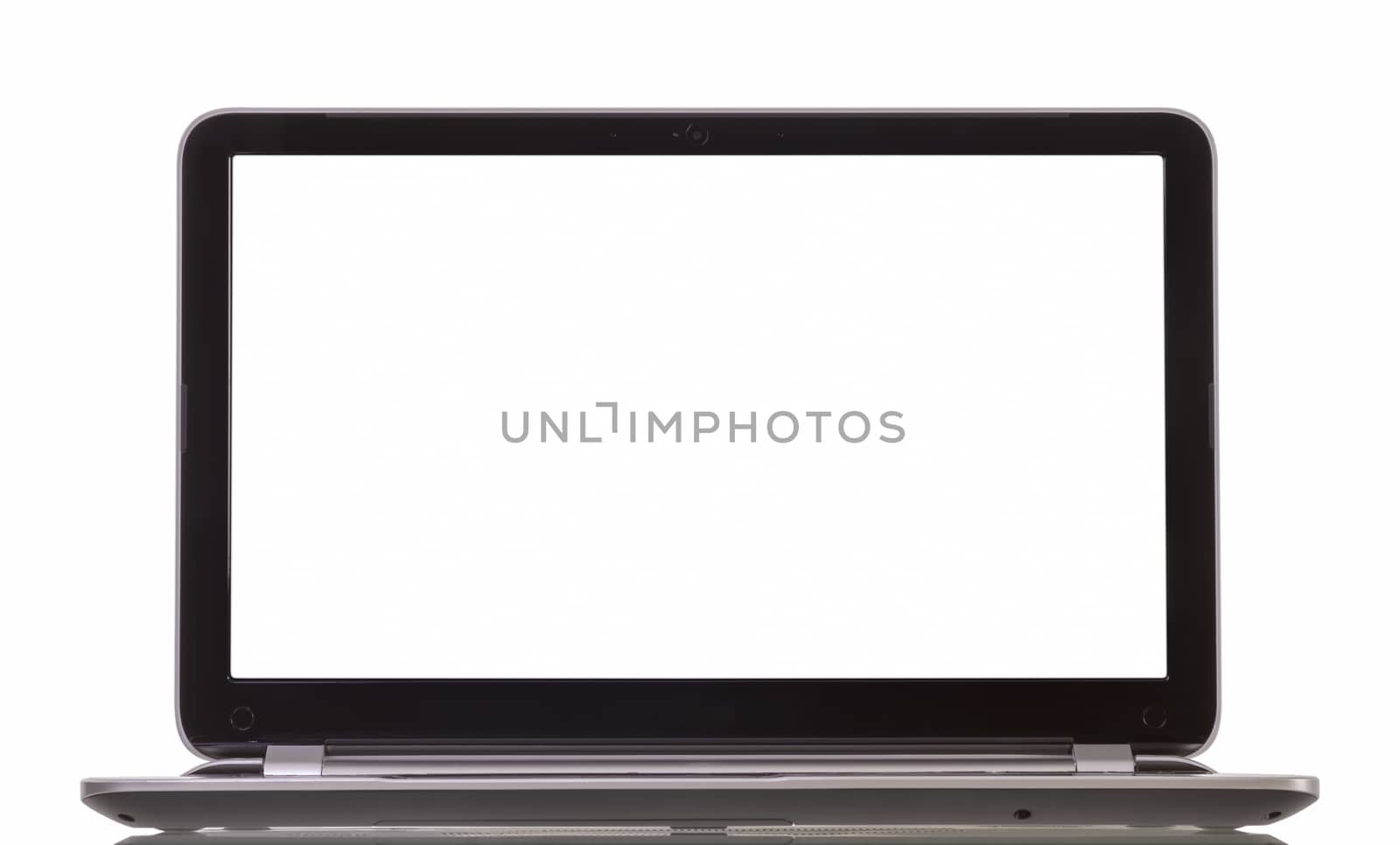 front view of laptop with blank white screen on white by manaemedia