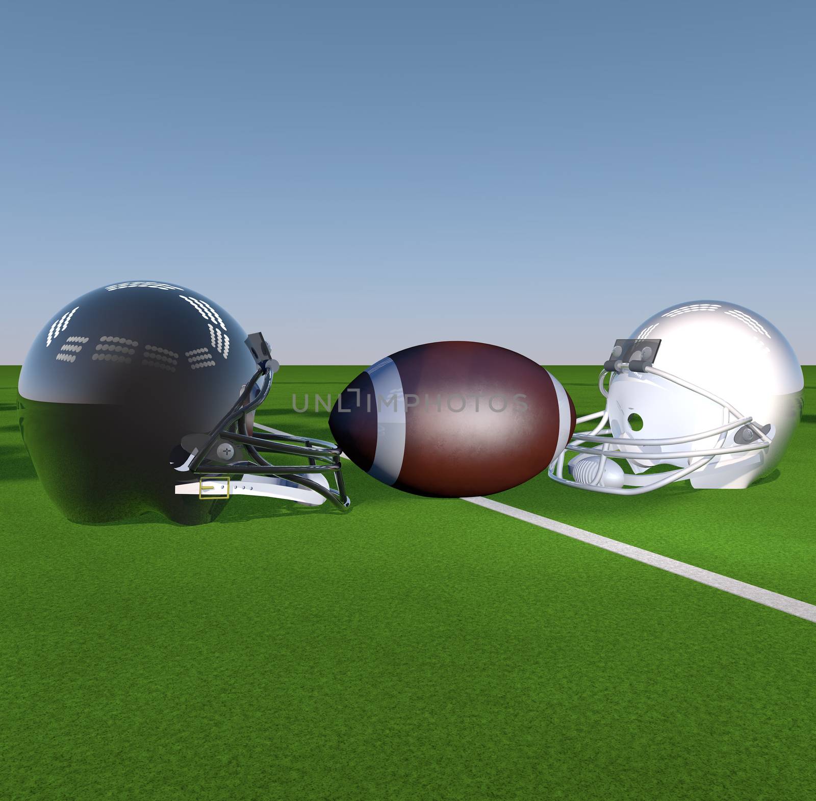 American football and helmets over a green grass field, 3d render