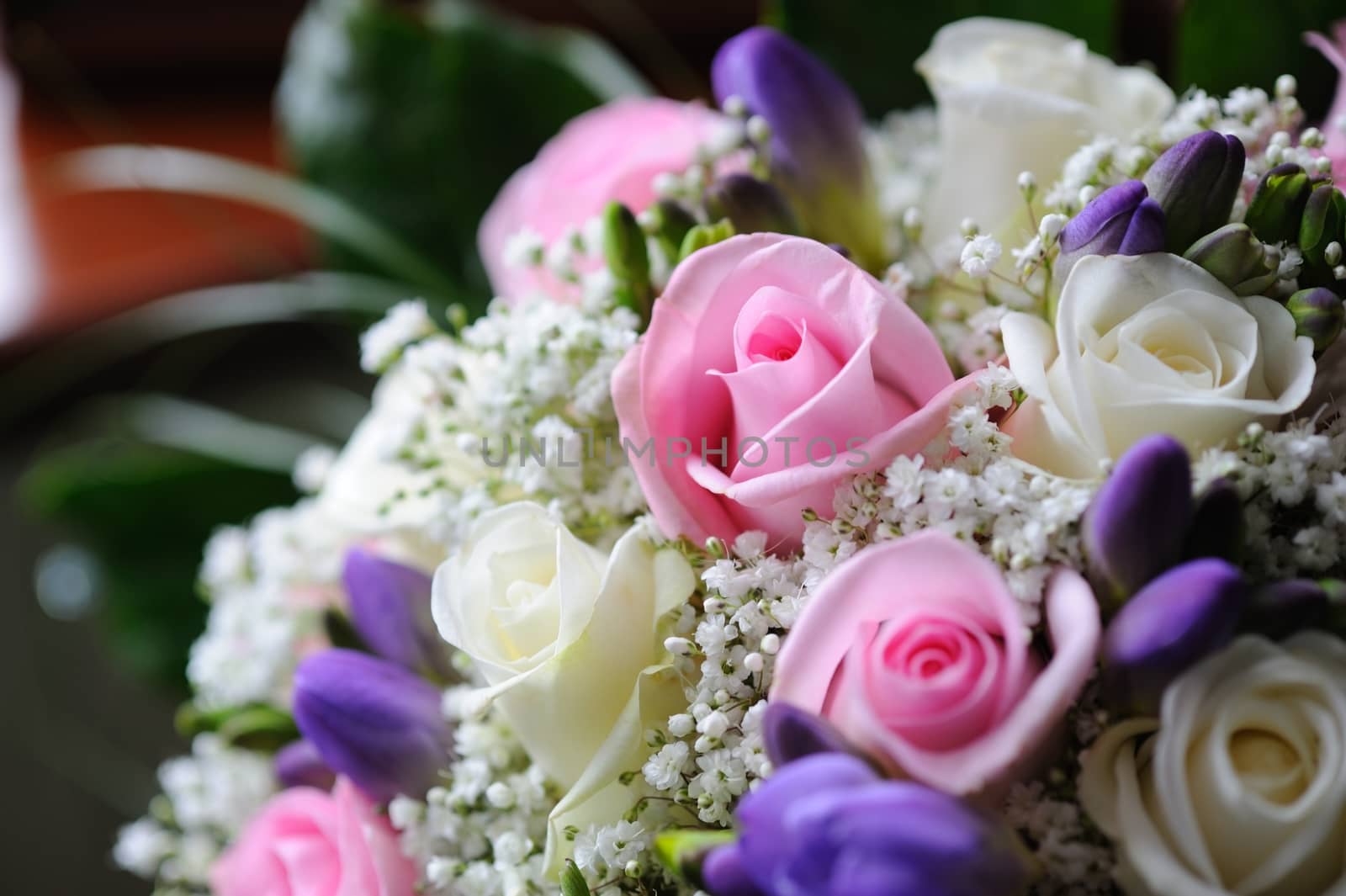 Brides bouquet with pink roses closeup