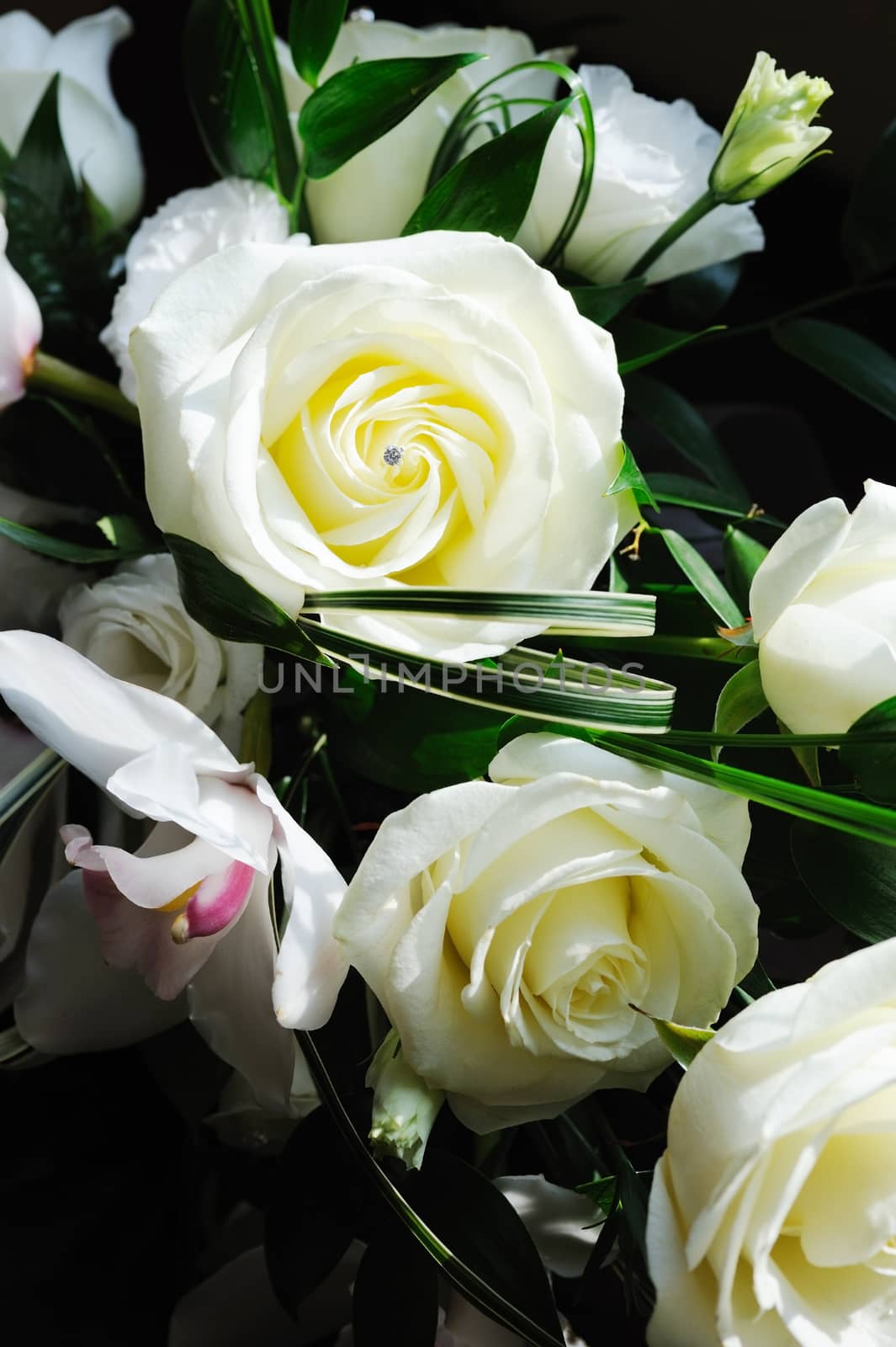 Brides white rose bouquet closeup