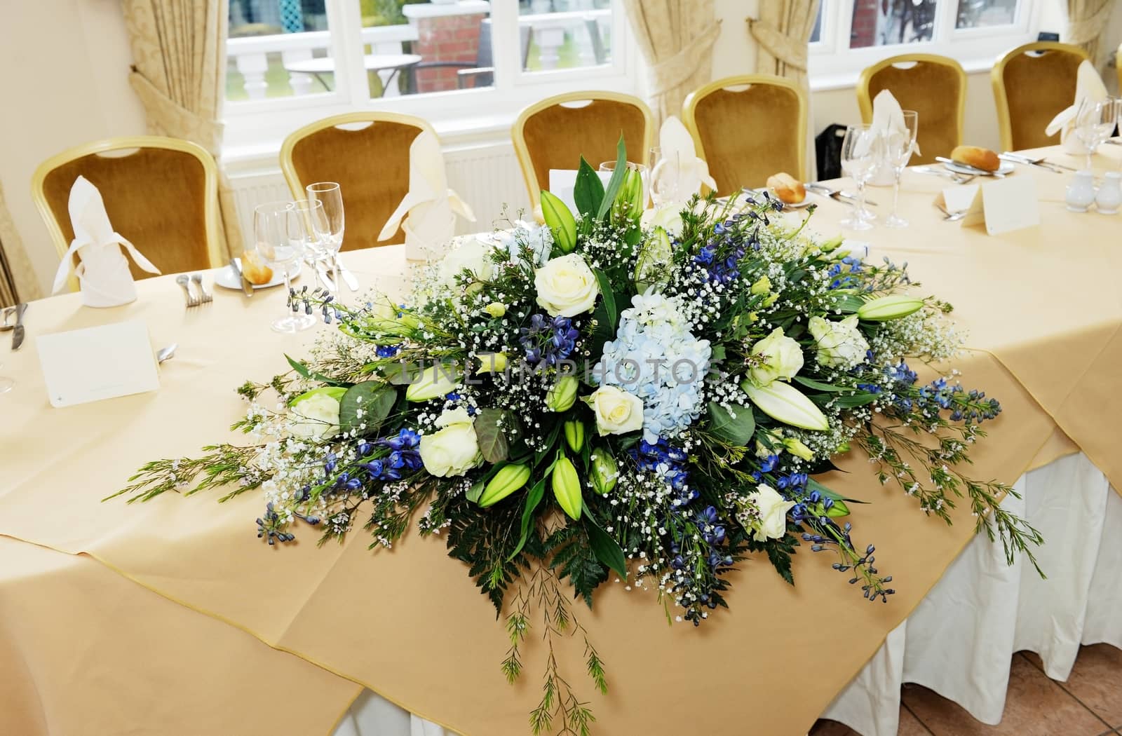 Closeup detail of flower arrangement at wedding reception