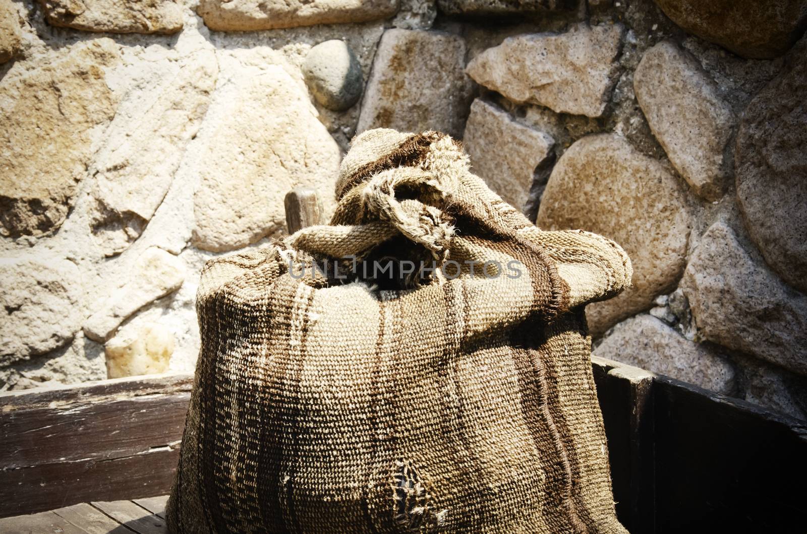 Old Linen Sack Over Vintage Stone Background