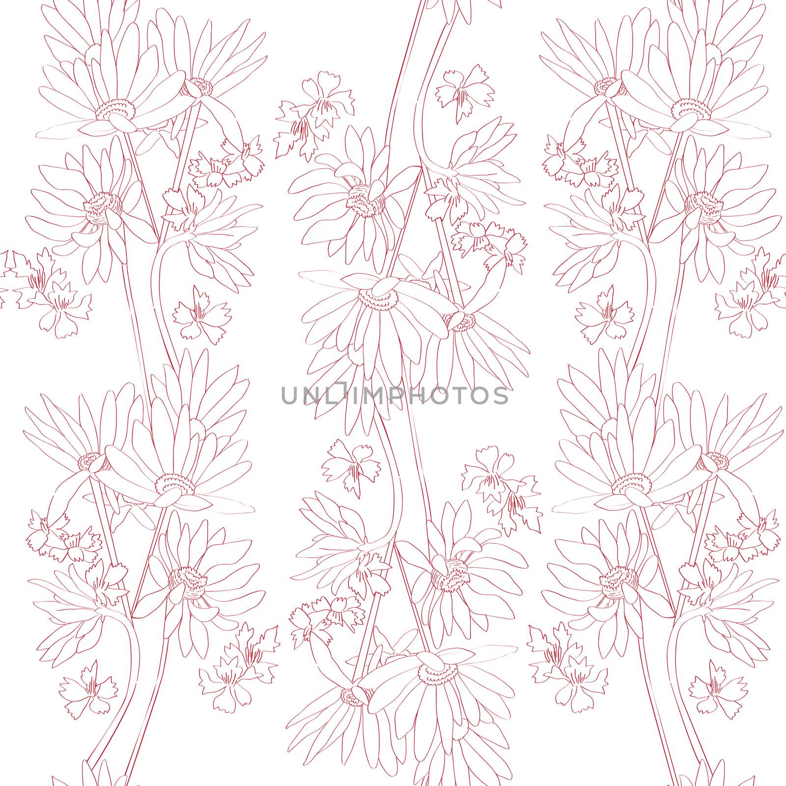 Seamless retro pattern with daisies and cornflowers over white background