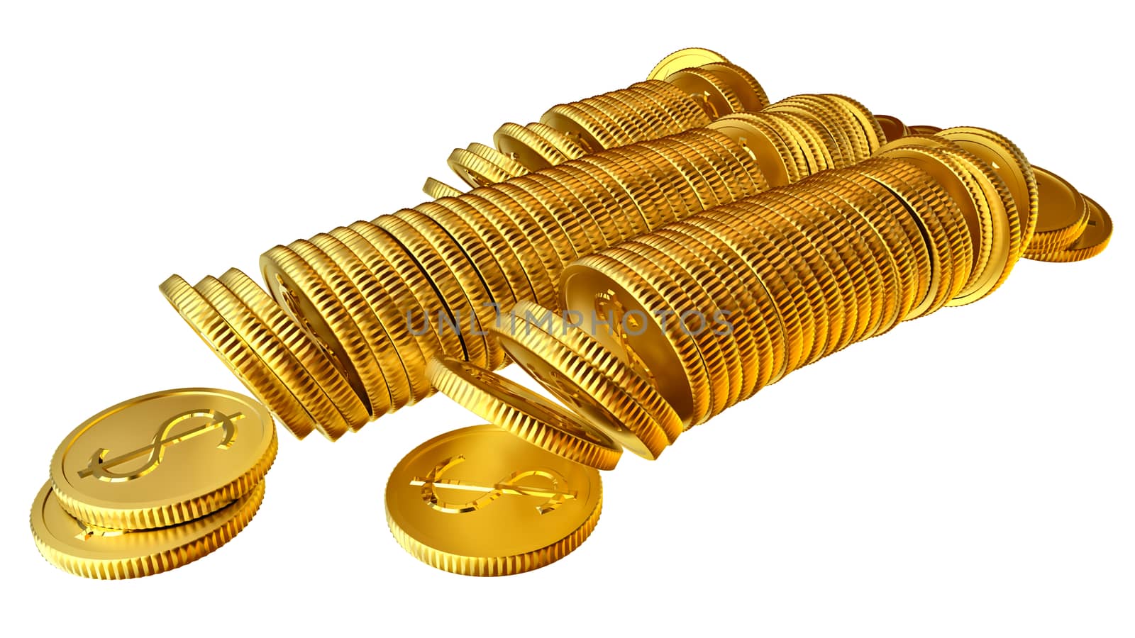 Stacks of golden dollar coins on white background