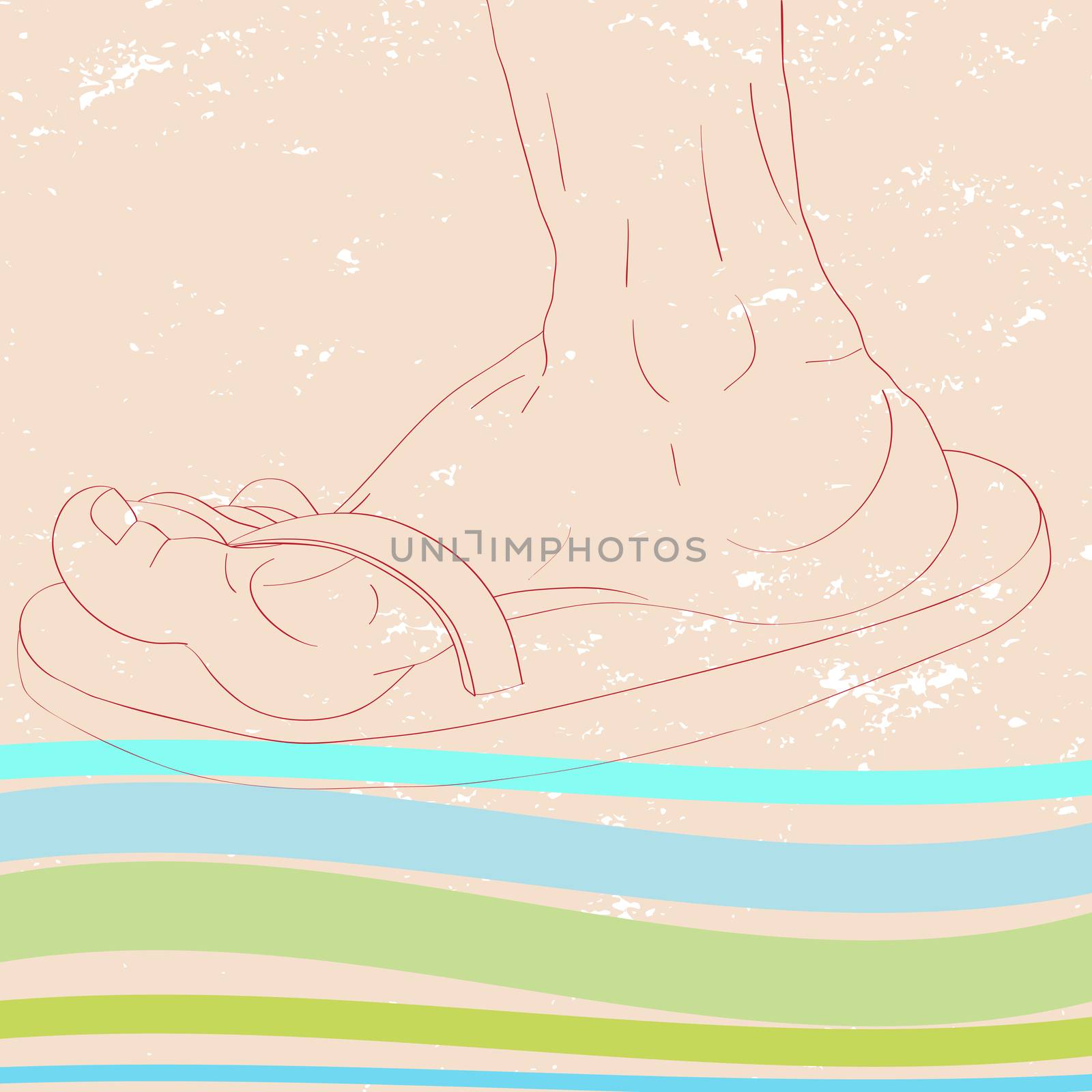 Hand drawn iilustration of a foot profile with flip flops over a grungy sand background