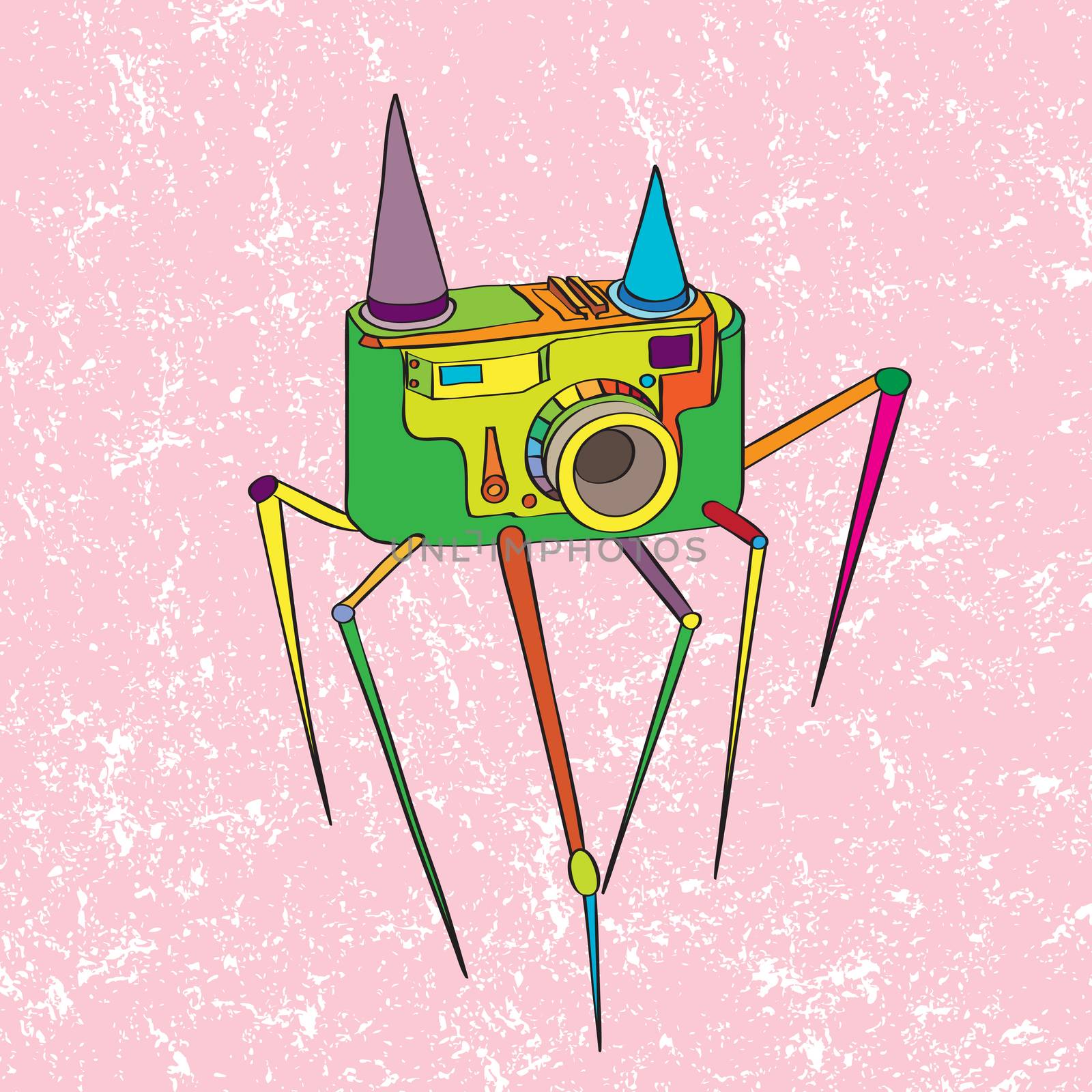 Hand drawn fantastic doodle illustration of a vintage camera with legs over a grungy pink background, surrealist style original art work