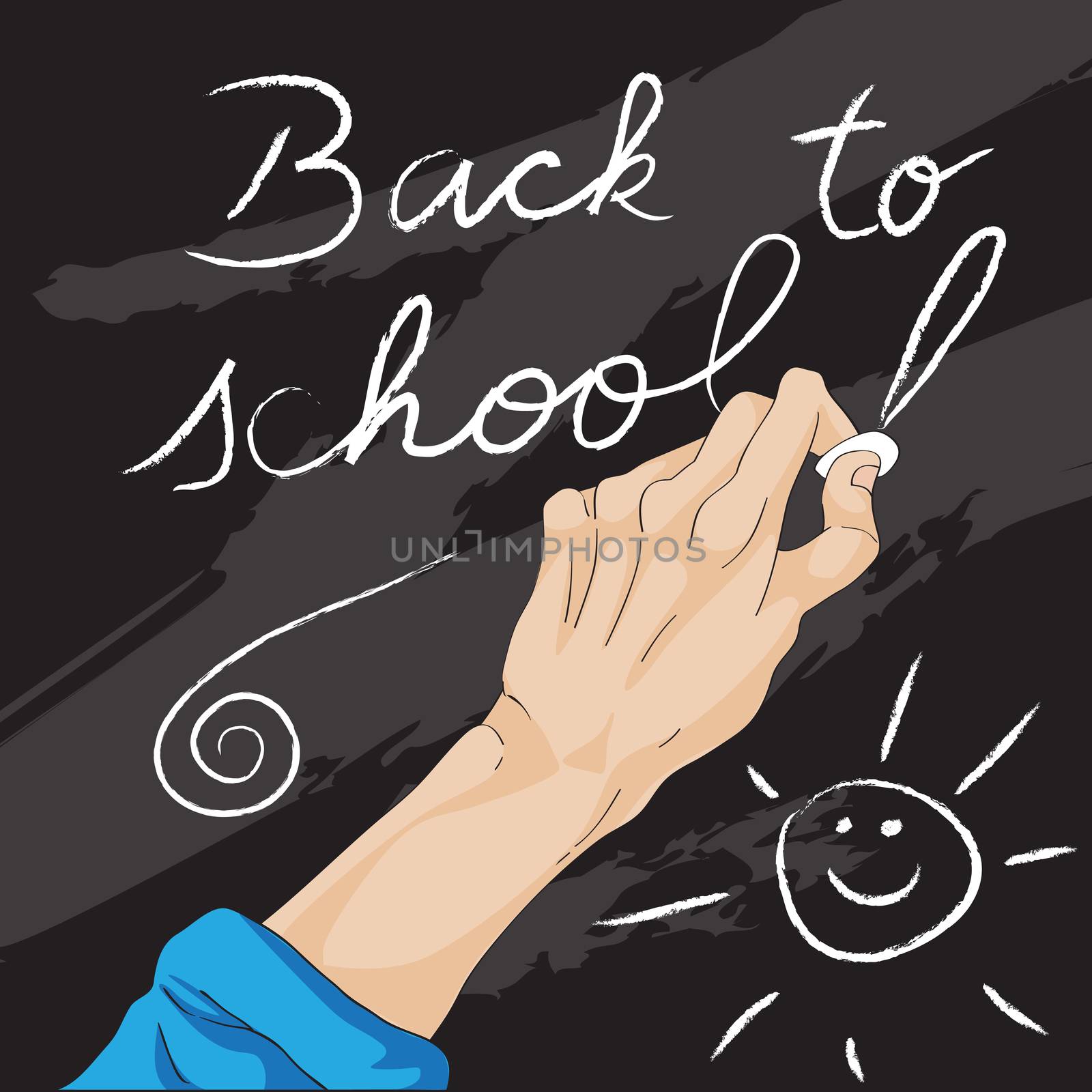 Hand drawn illustration of a human hand writing on the balckboard with chalk, back to school card