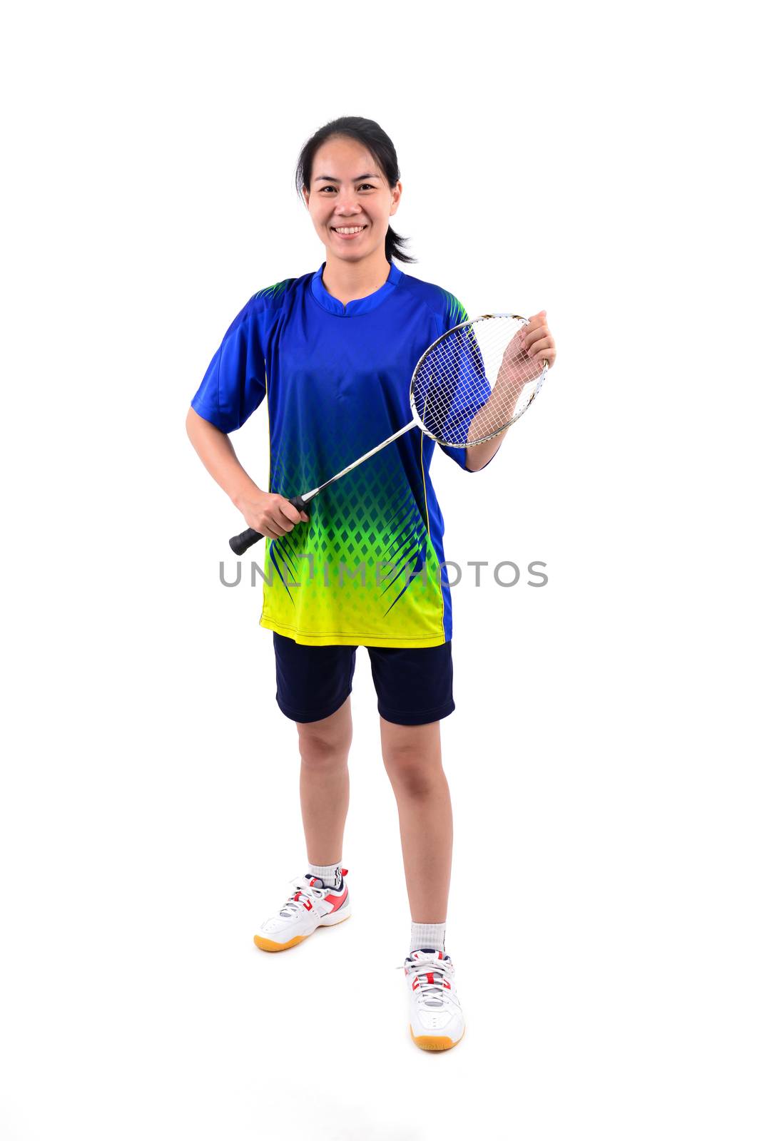 badminton player in action isolated on white background