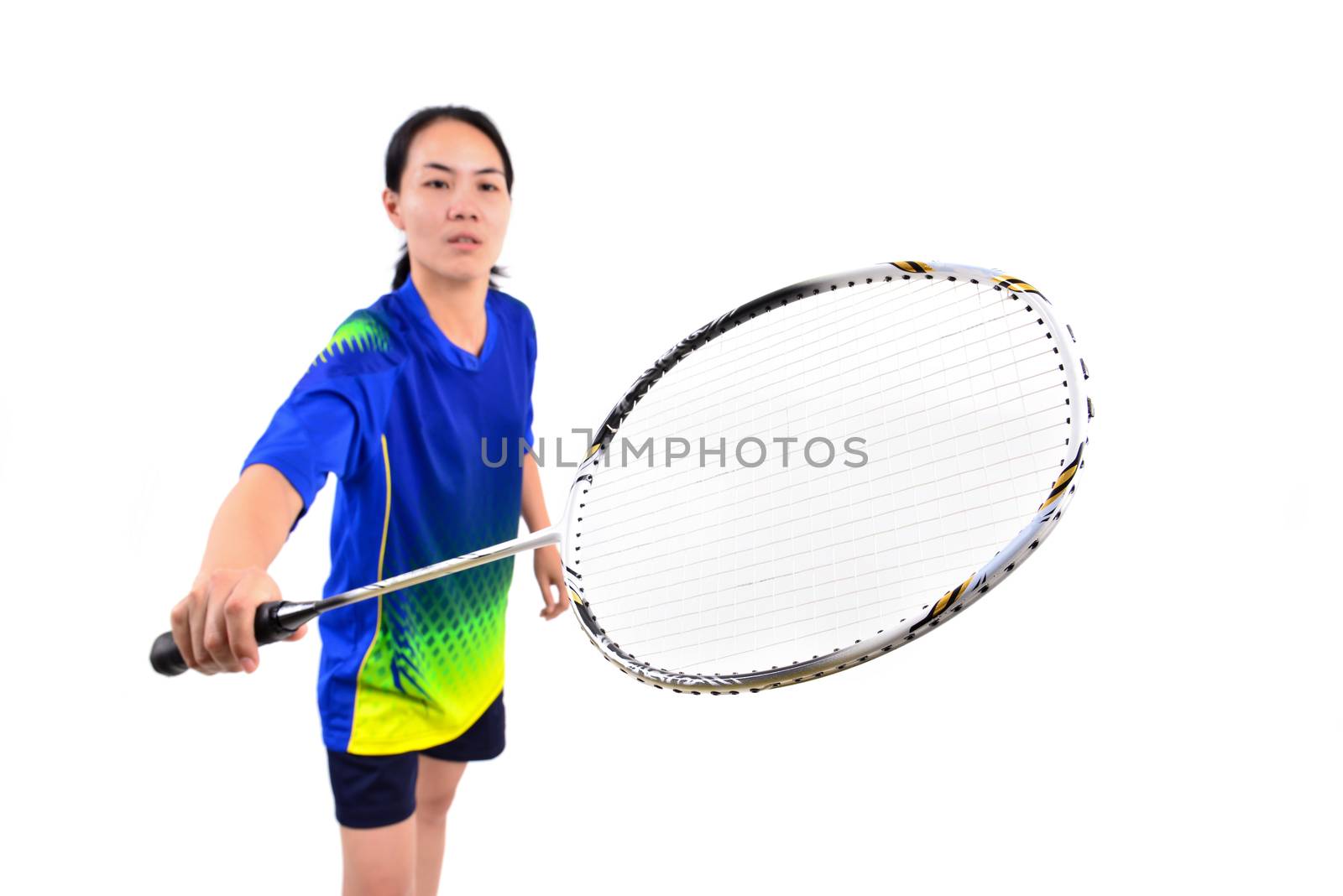 badminton player in action isolated on white background