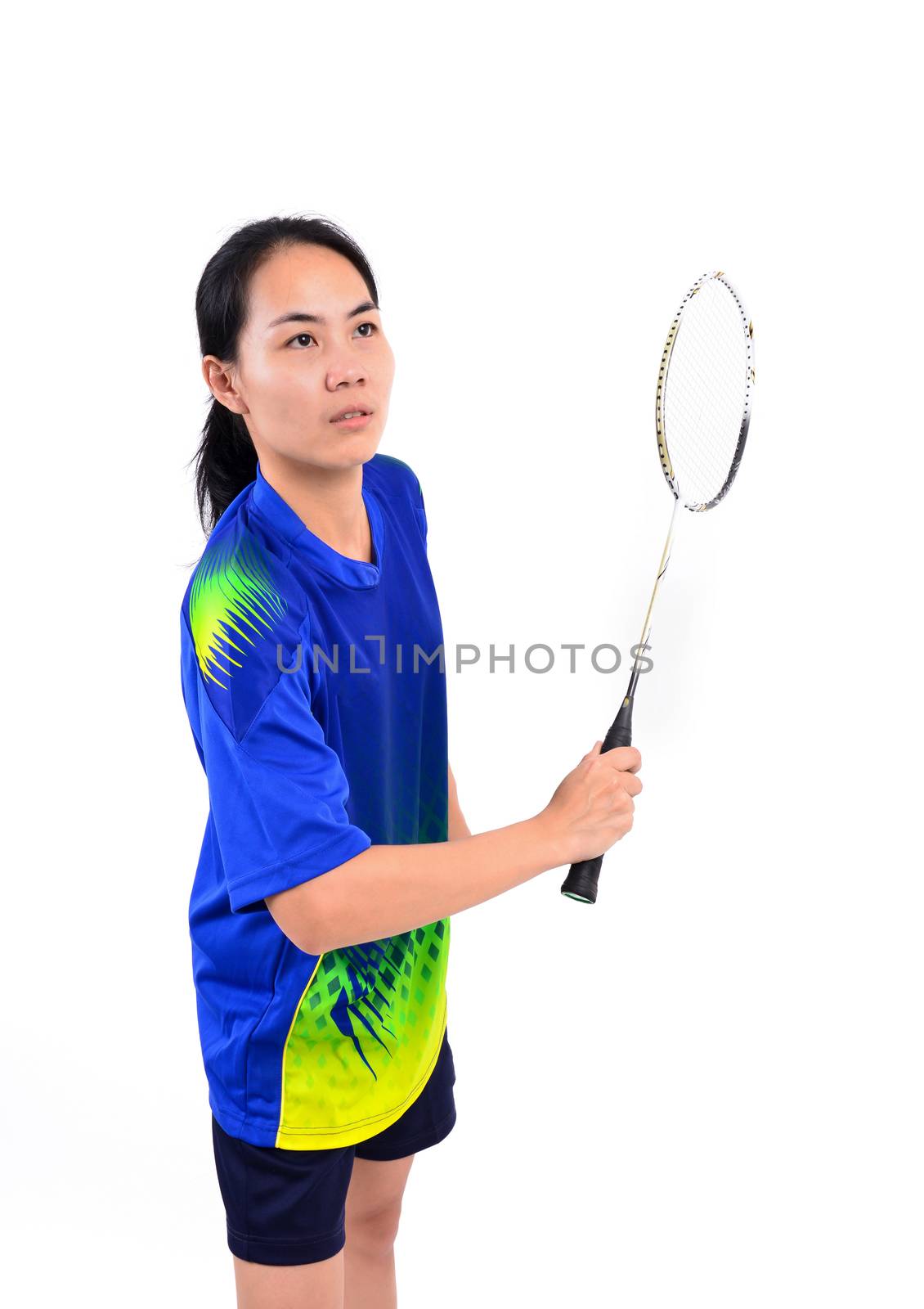 badminton player in action isolated on white background