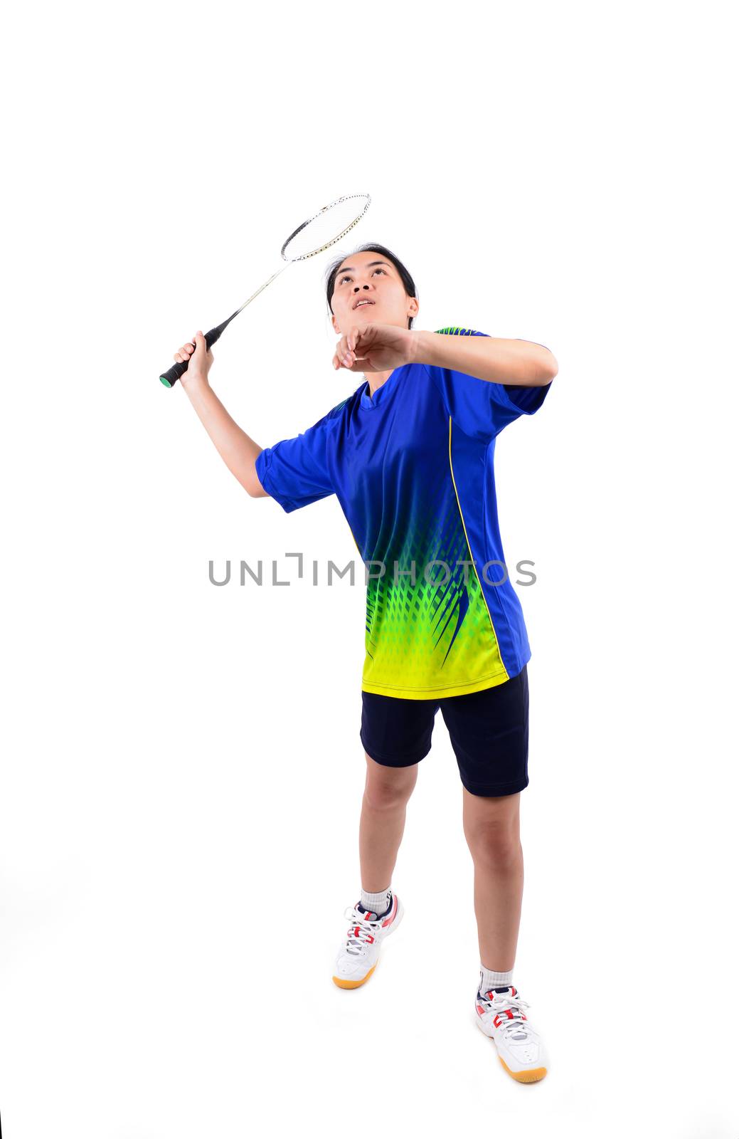 badminton player in action isolated on white background