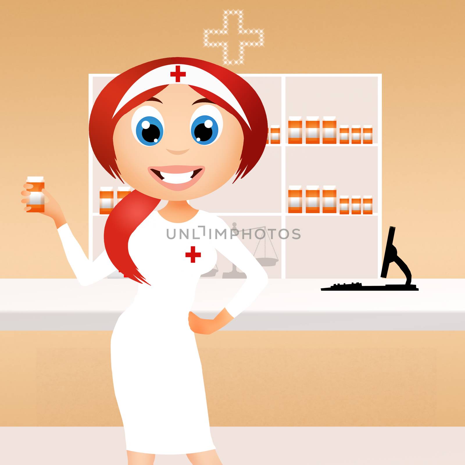 illustration of girl in the Pharmacy