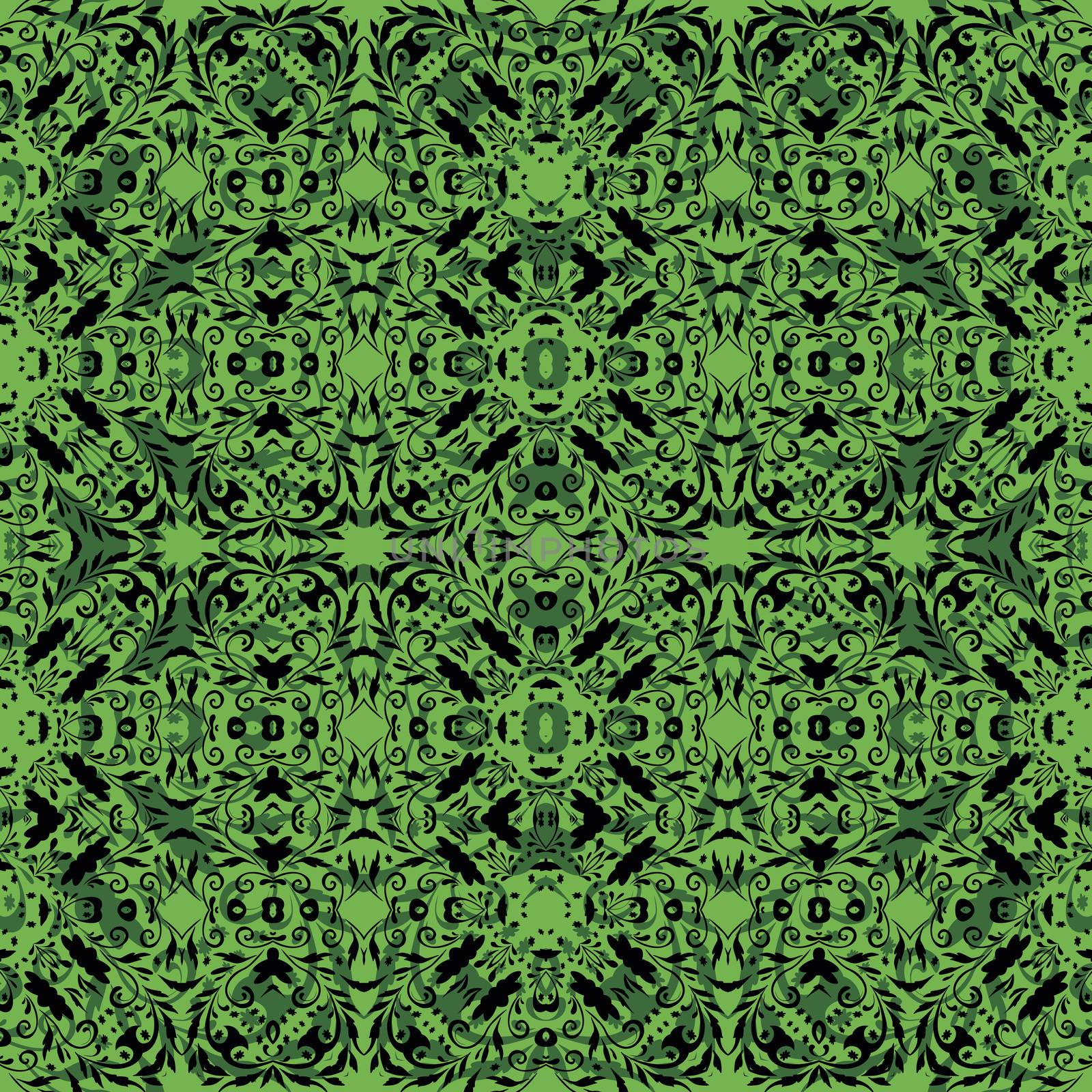 Seamless abstract pattern, black contours on green background.