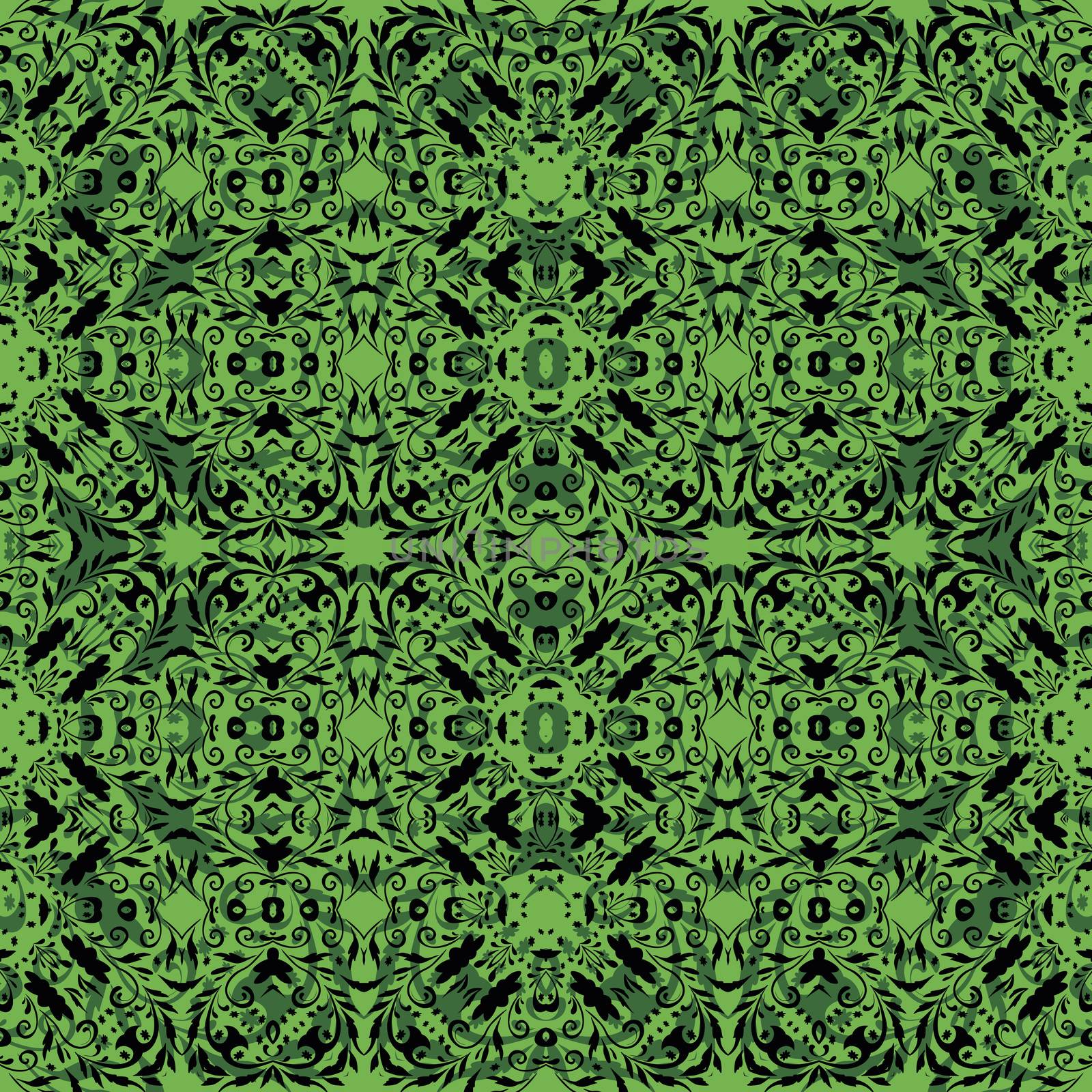 Seamless abstract pattern, black contours on green background.