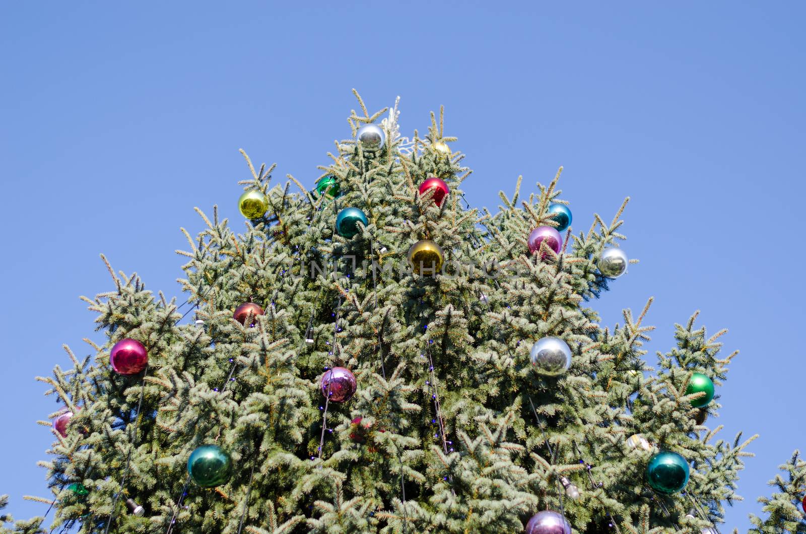 big wide christmas tree with glassy colorful ball on blue sky background
