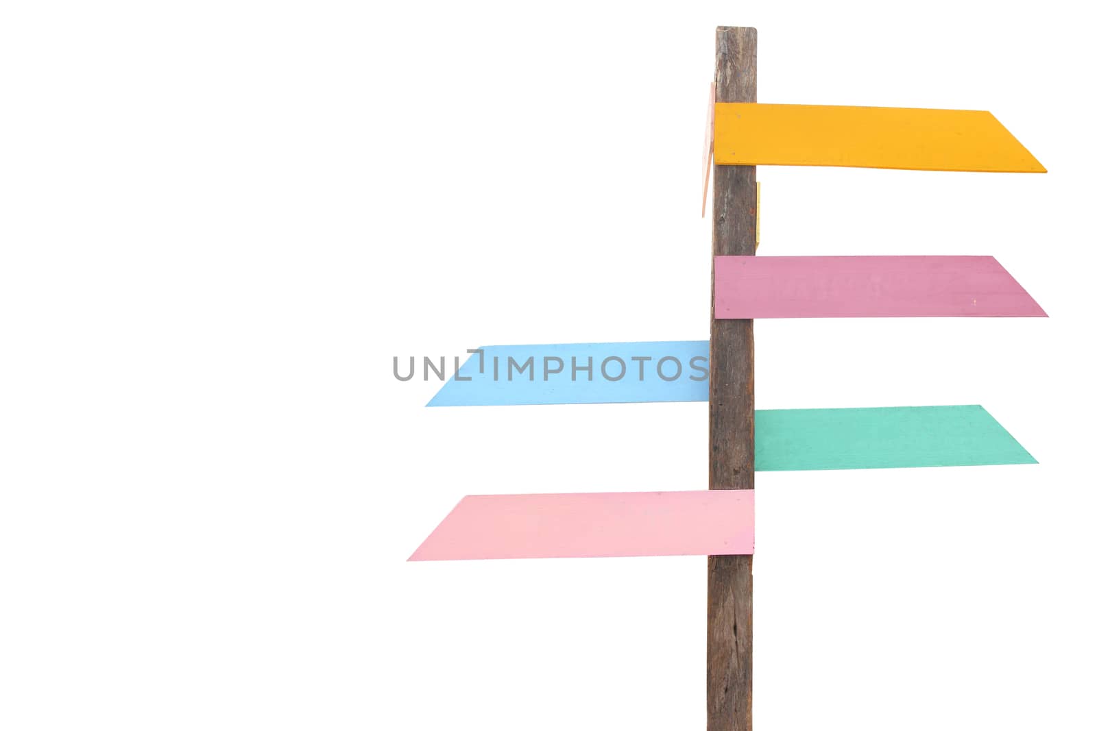 Multicolor wood sign on white background, clipping path