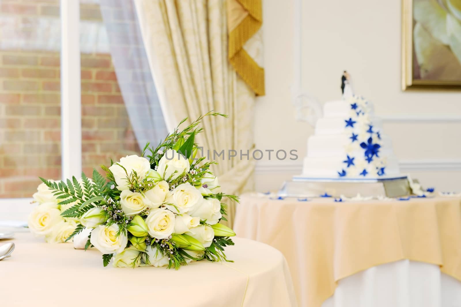 Wedding reception with flowers and cake decoration