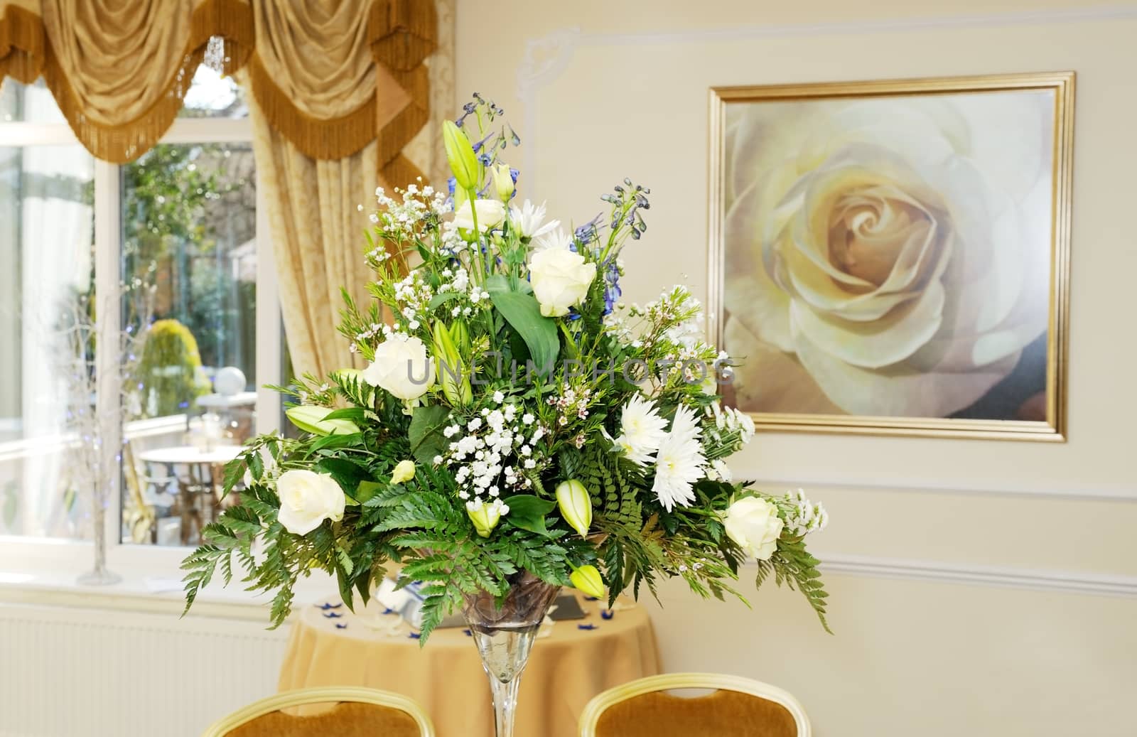 Closeup detail of flowers decorating wedding reception