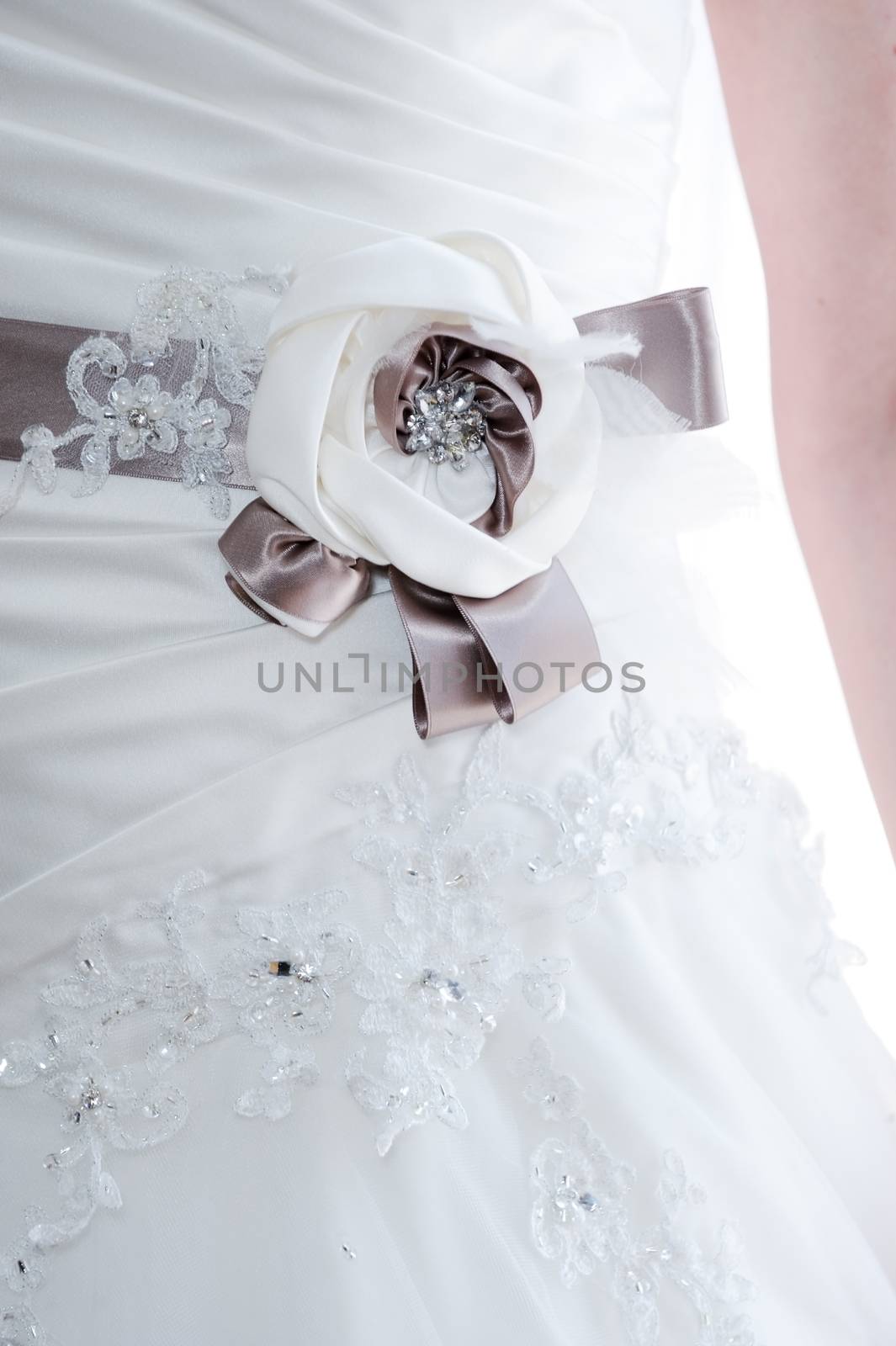 Closeup of brides floral dress detail on wedding day