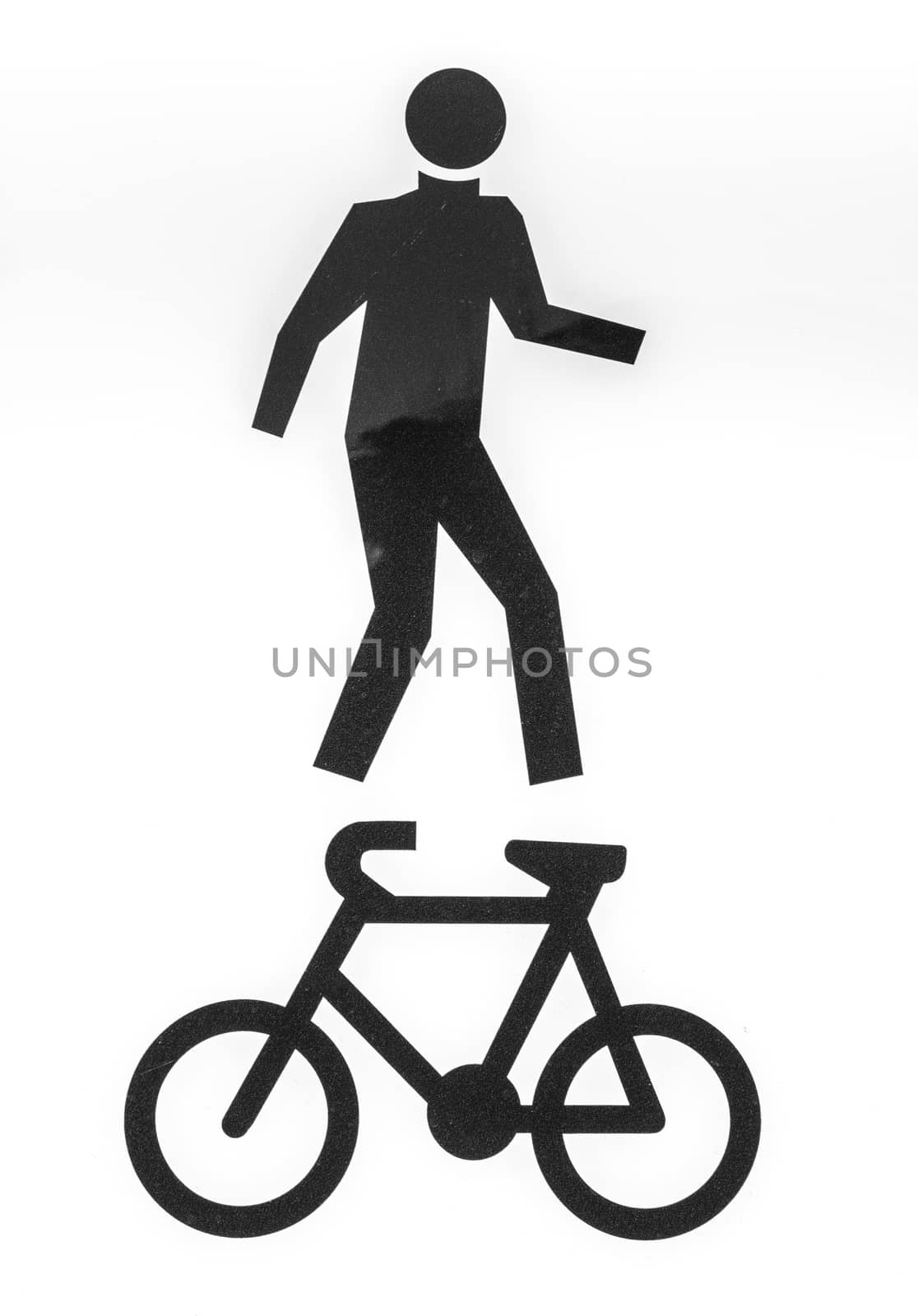 Bicycle and pedestrian lane road sign on pole post, large white square isolated bike cycling and walking walkway footpath route traffic roadside signage