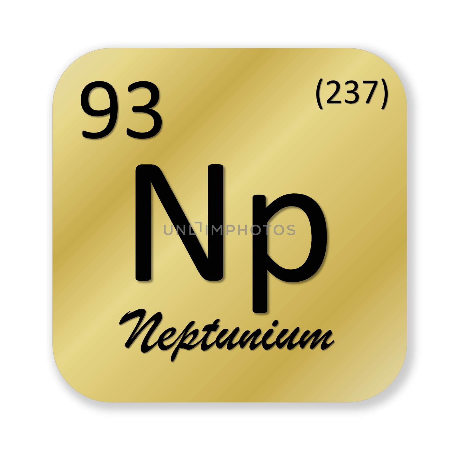 Black neptunium element into golden square shape isolated in white background