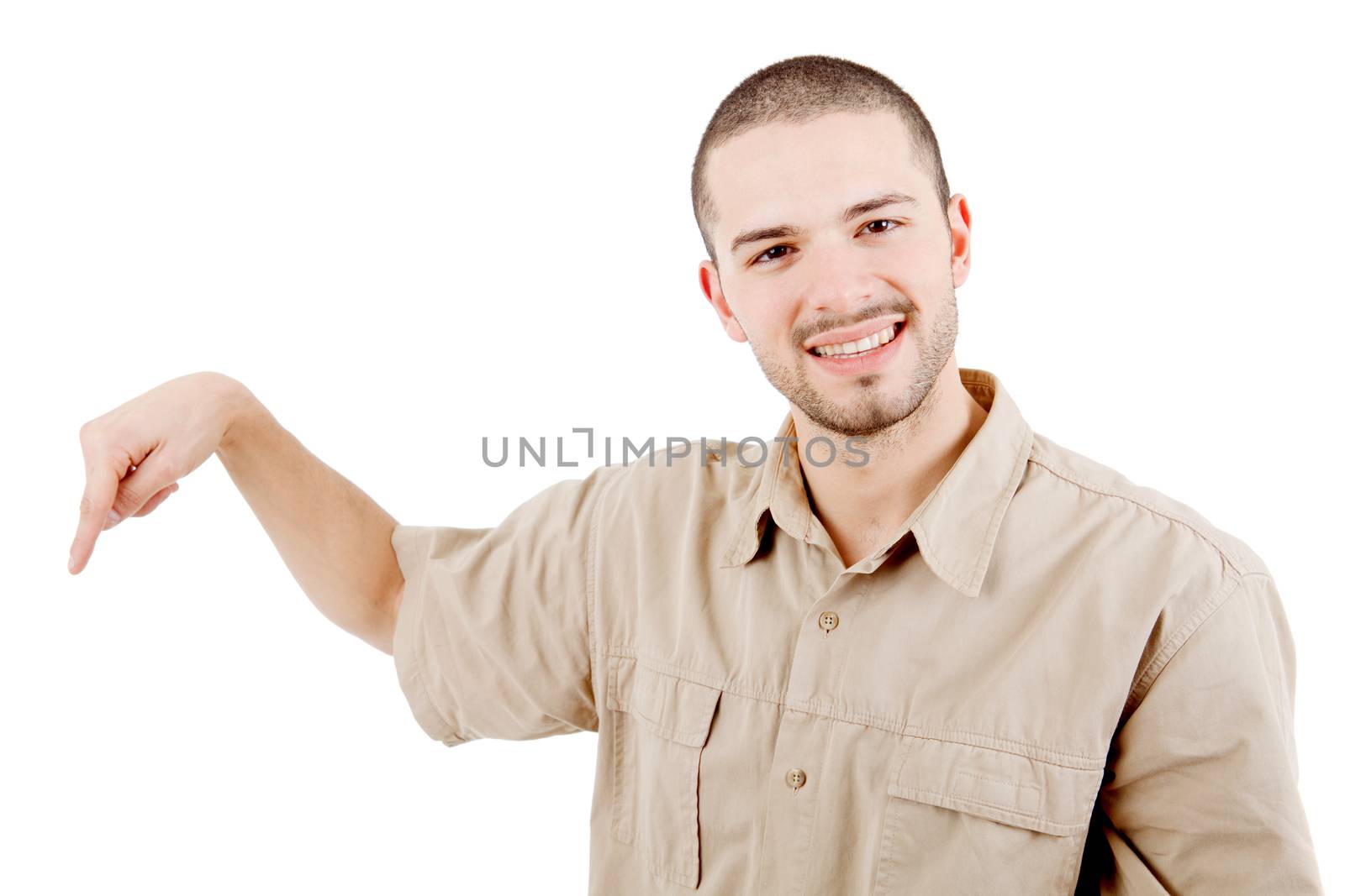 young casual man pointing, isolated on white