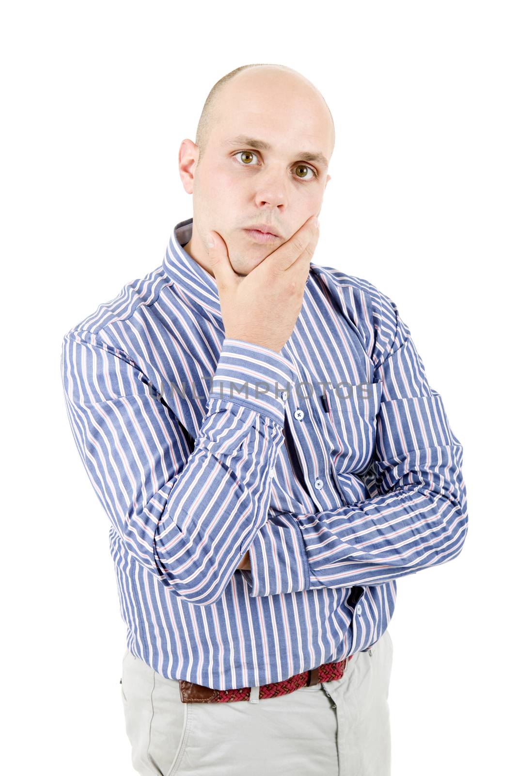 pensive young casual man portrait, isolated on white