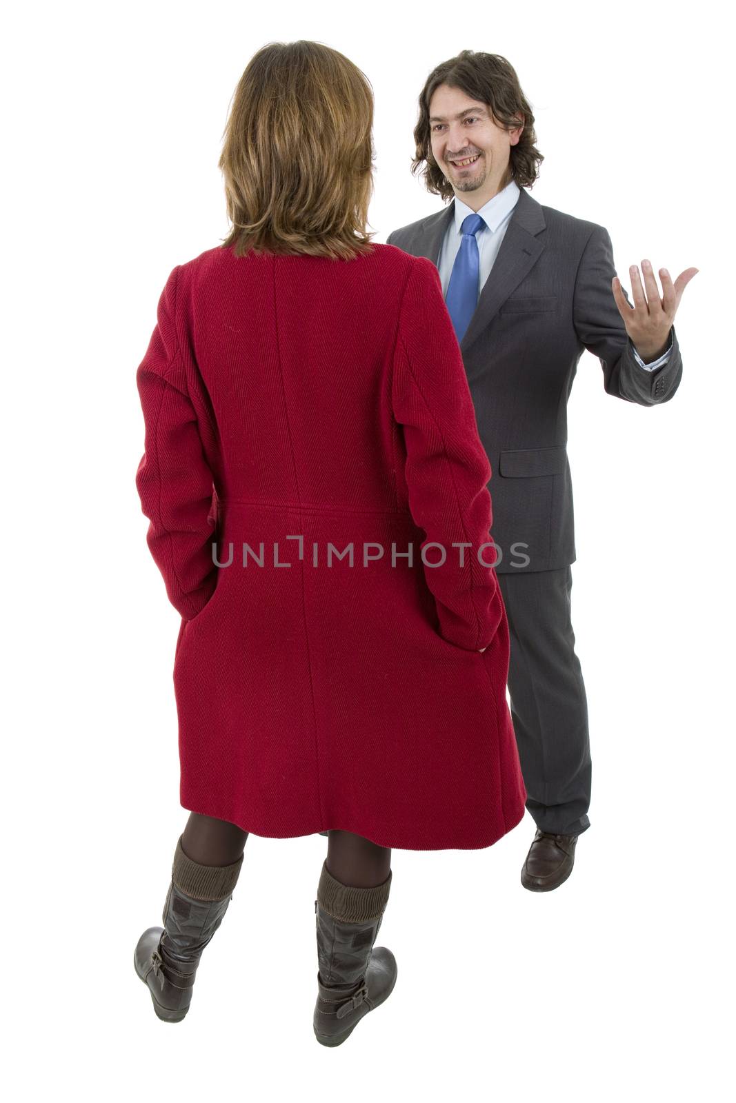 business couple talking, full length, isolated on white