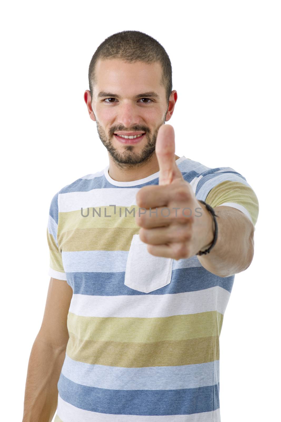 young casual man going thumb up, isolated on white