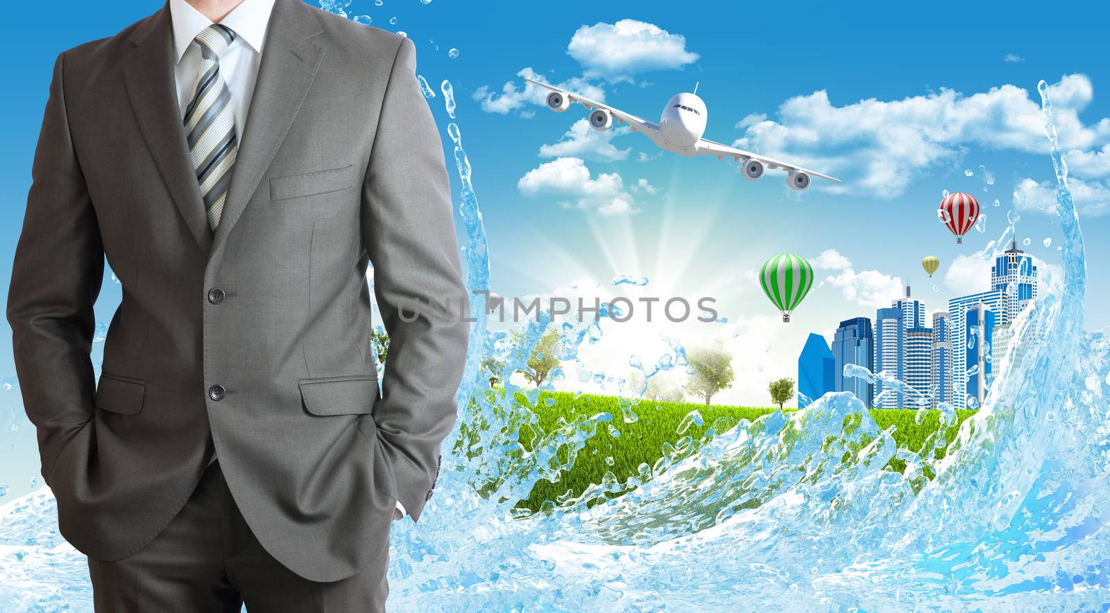 Businessmen with green grass, buildings and airplane as backdrop