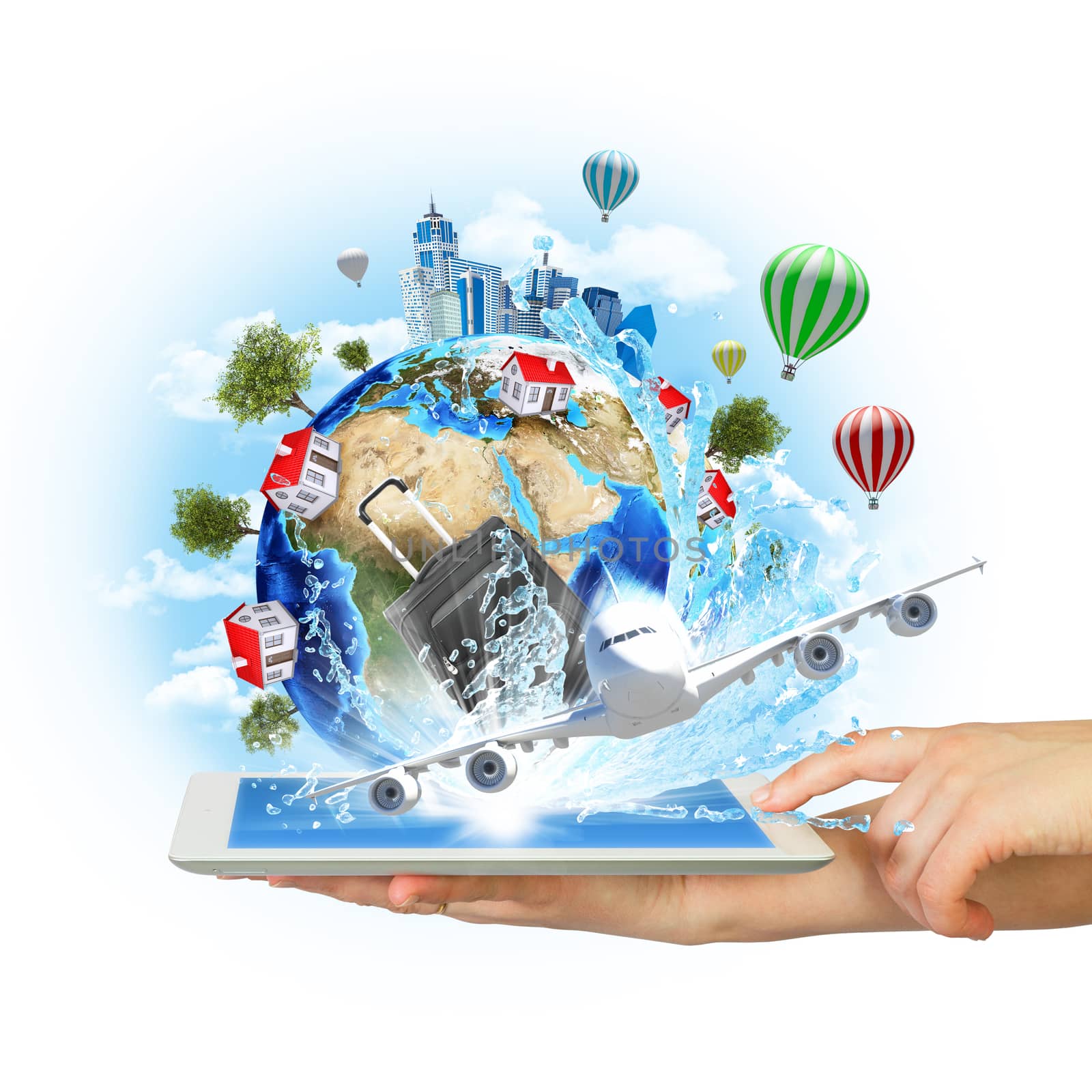 Hands hold tablet pc with Earth, buildings and trees. Elements of this image are furnished by NASA