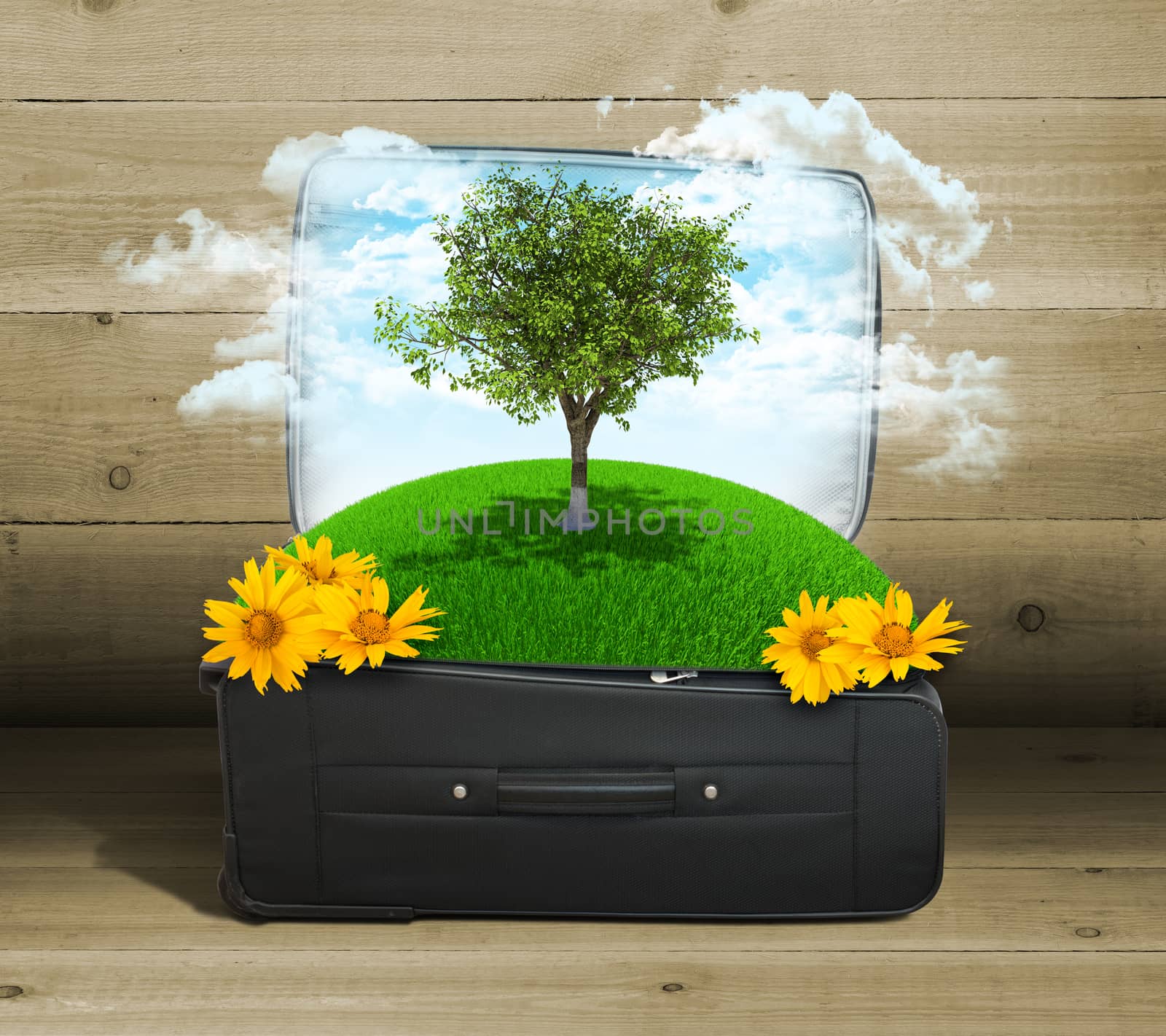 Earth with buildings, trees and green grass in travel bag. Elements of this image are furnished by NASA