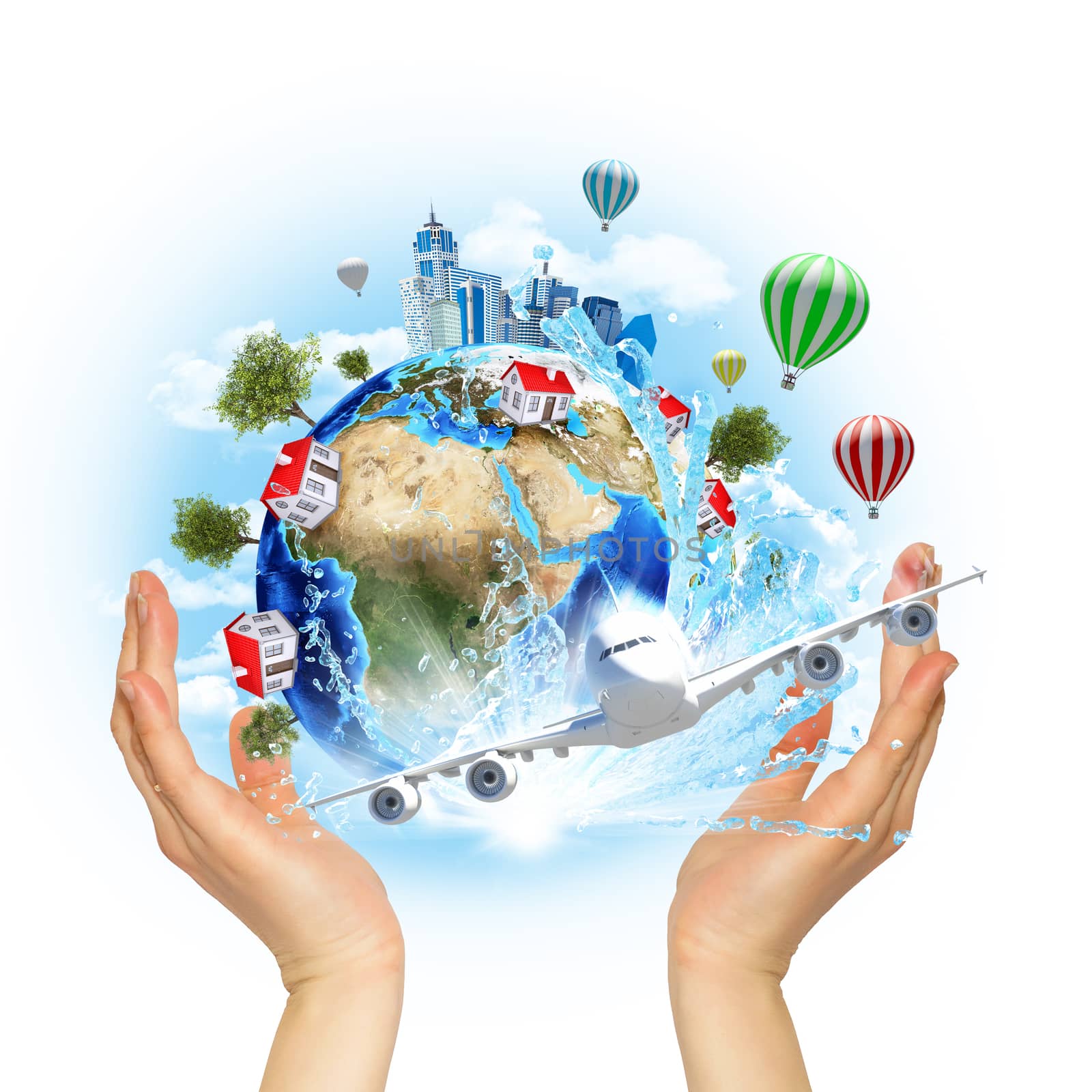 Hands hold Earth with buildings and trees. Elements of this image are furnished by NASA