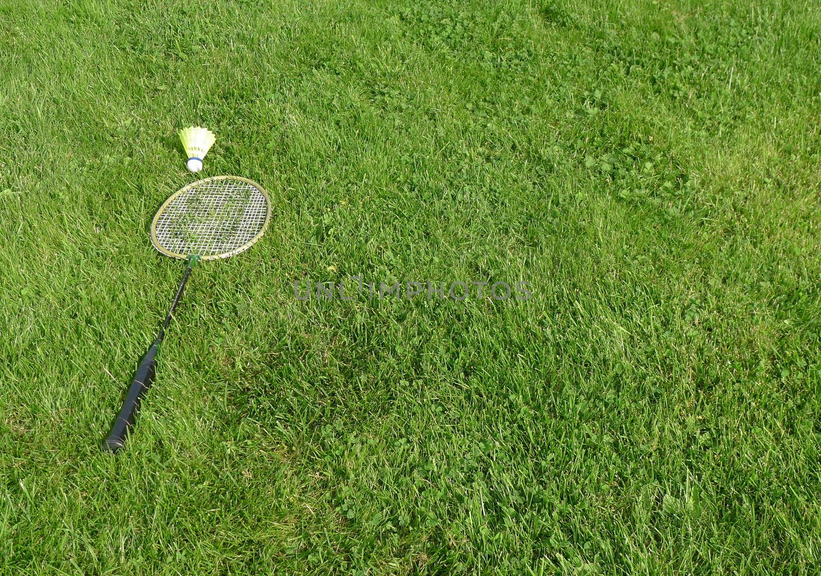 Badminton racket on grass