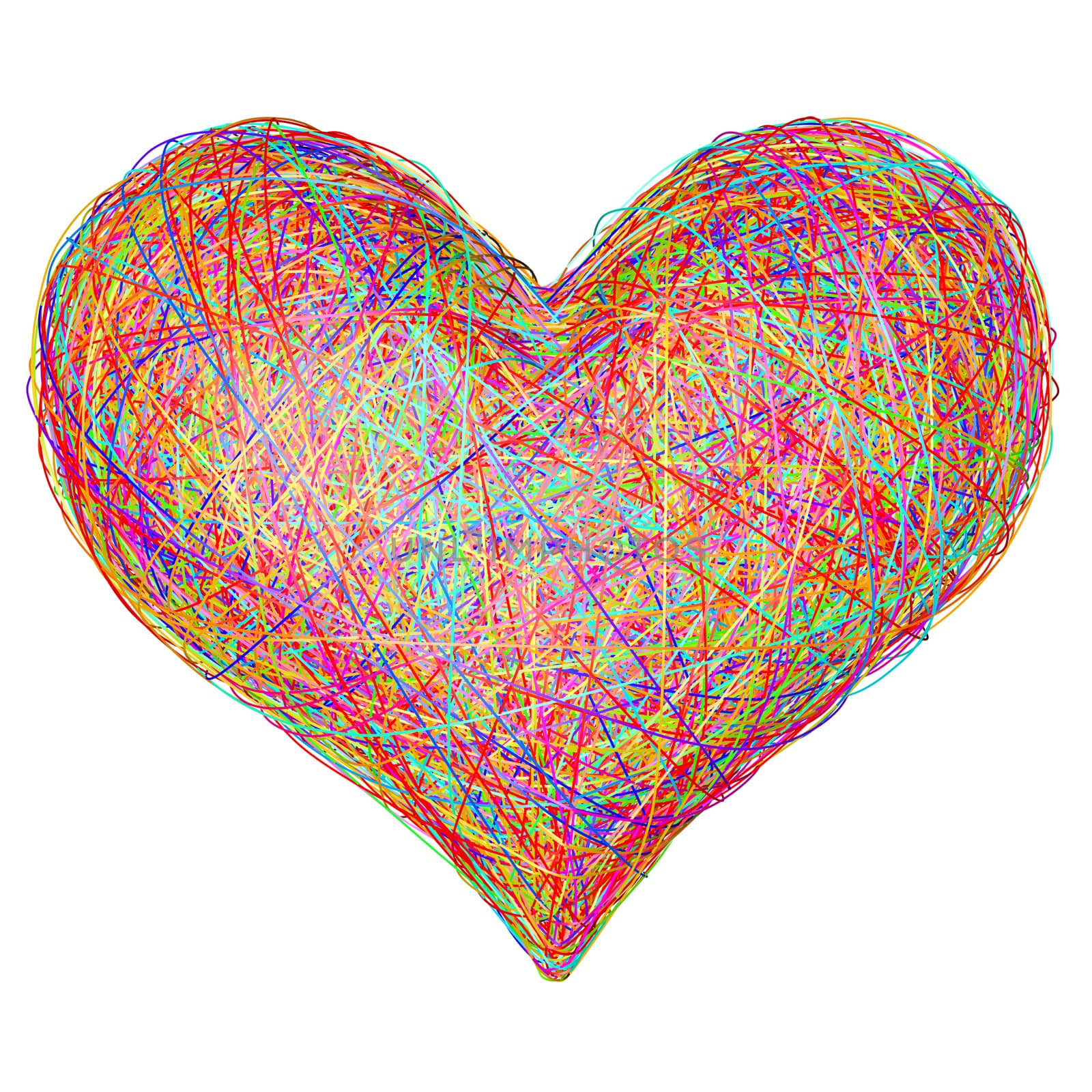 Heart shape composed of colorful striplines isolated on white. High resolution 3D image
