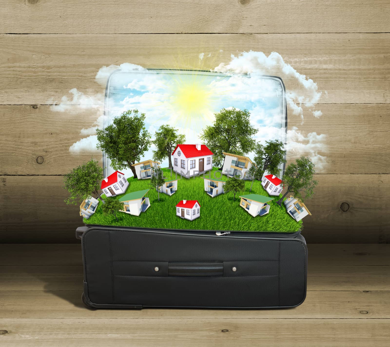 Earth with buildings, trees and green grass in travel bag. Elements of this image are furnished by NASA