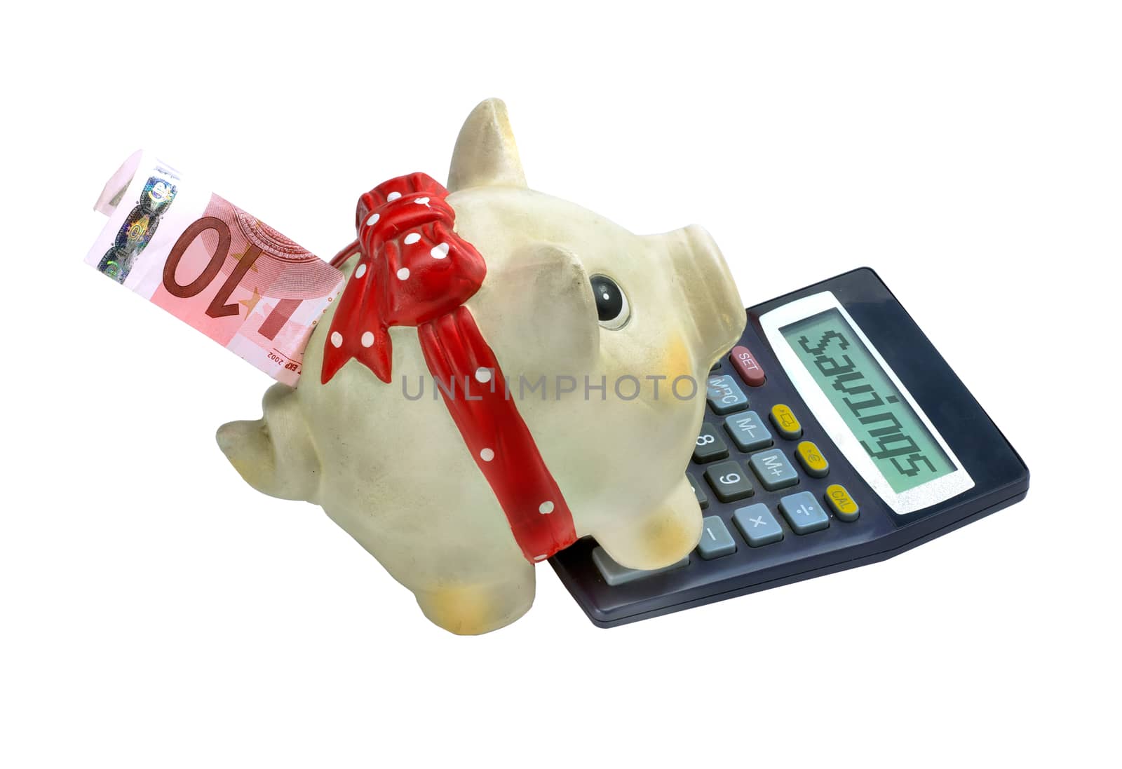 Piggy bank with calculator money box style, isolated on white background