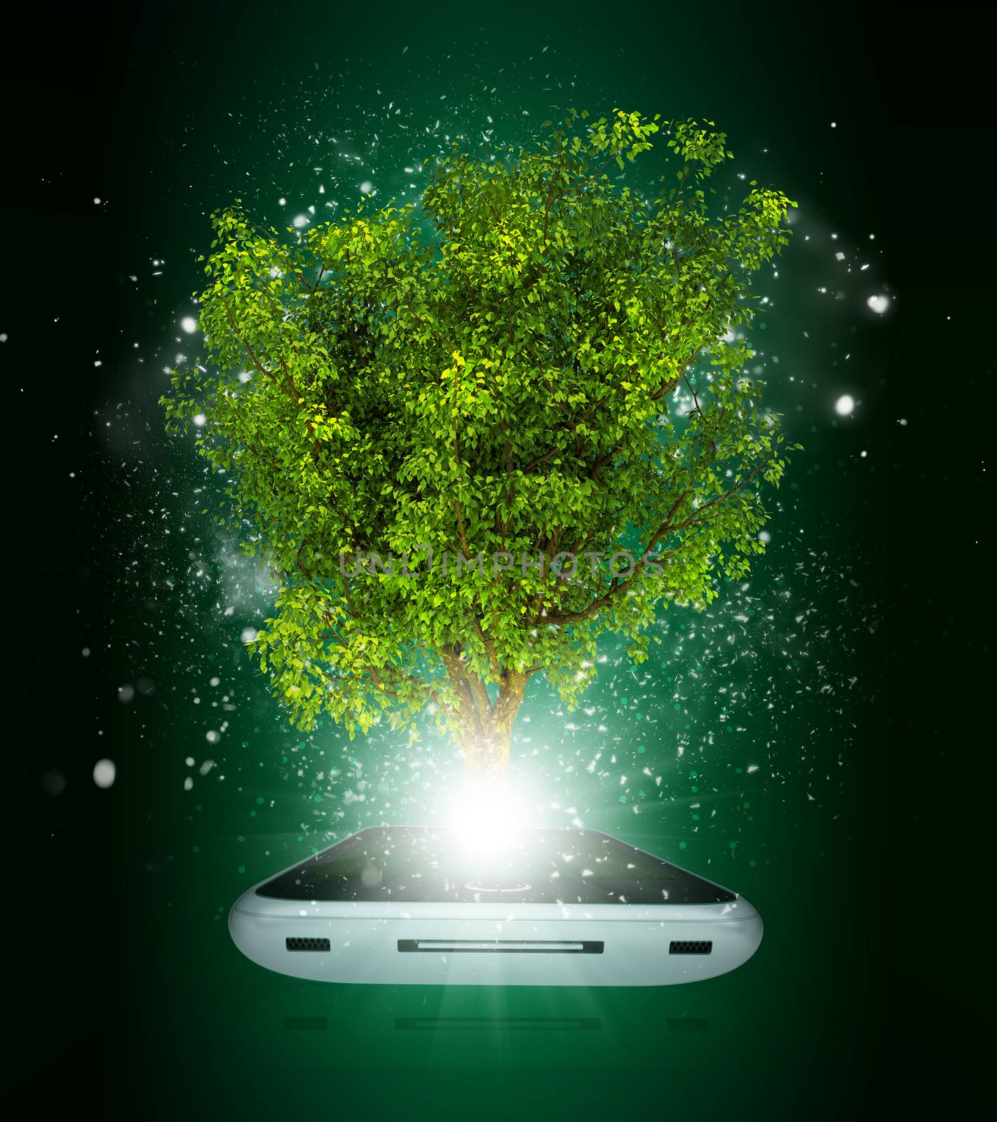 Smart phone with magical green tree and rays of light by cherezoff