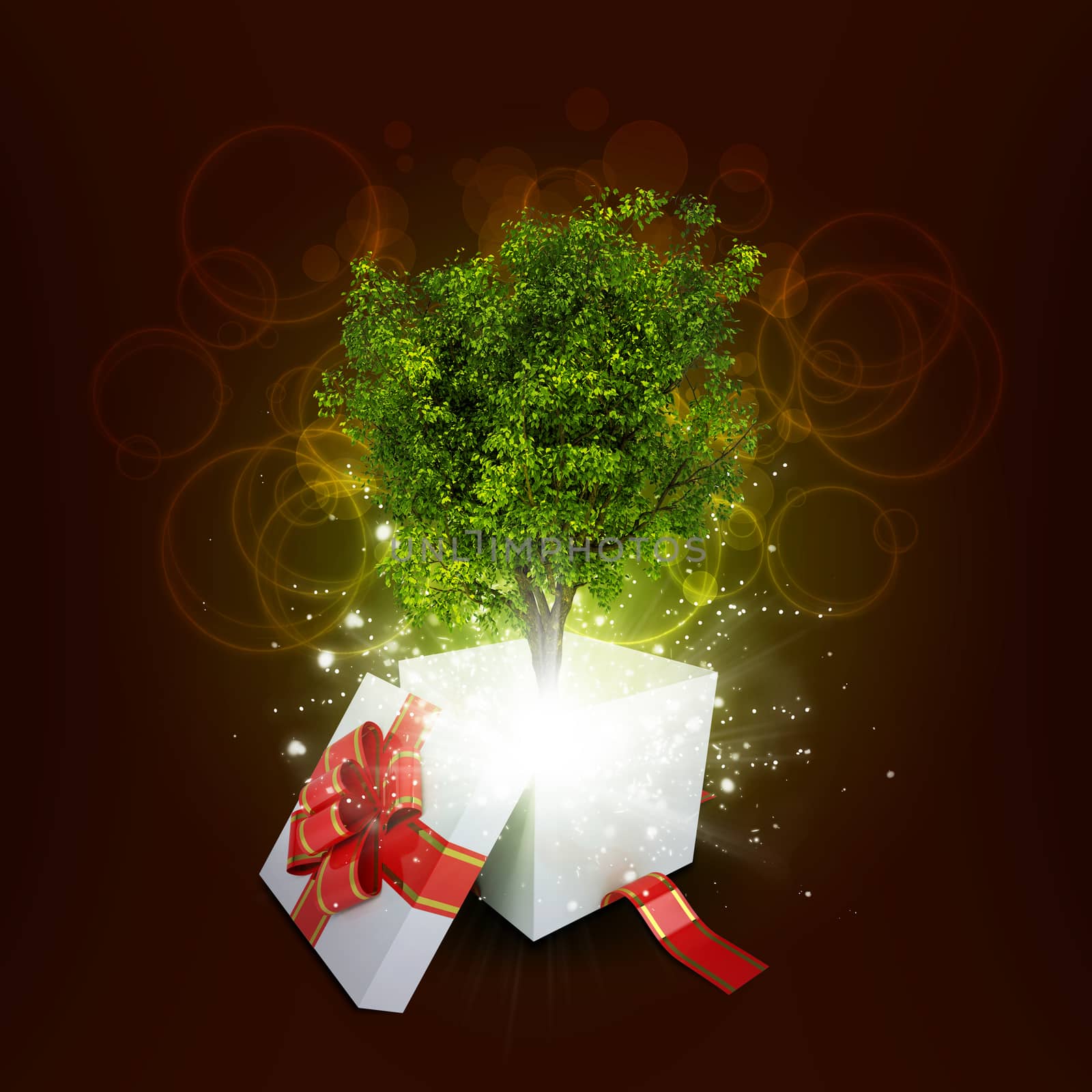 Gift box with magical green tree and rays of light on dark background