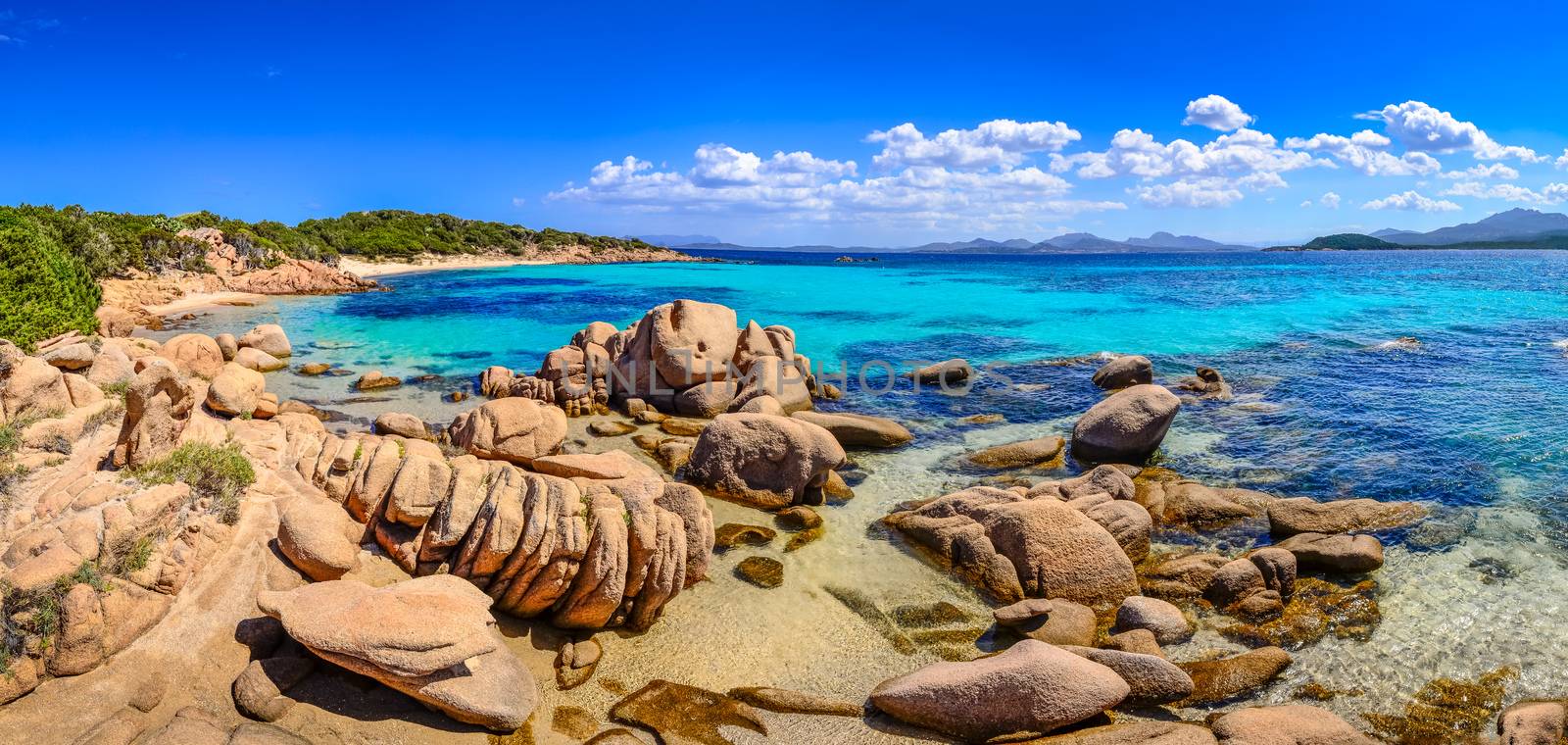 Beautiful ocean coastline panorama with beaches in Costa Smeralda, Sardinia, Italy