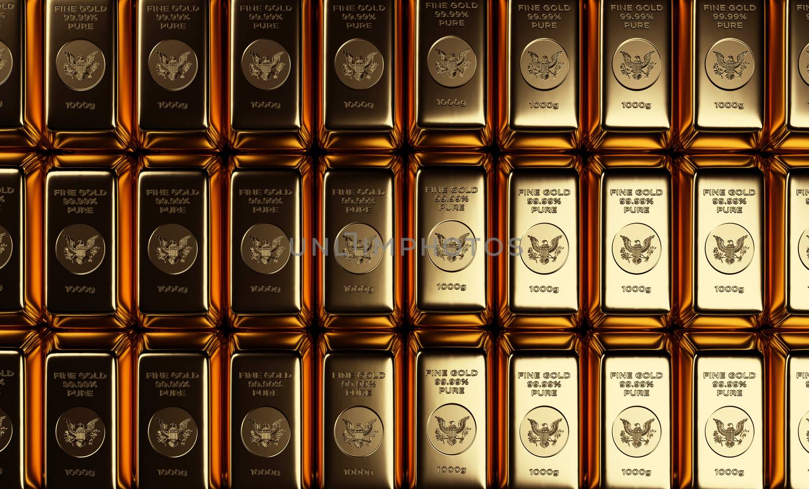 A straight overhead view of gold bars or bullion arranged in a grid of rows and columns