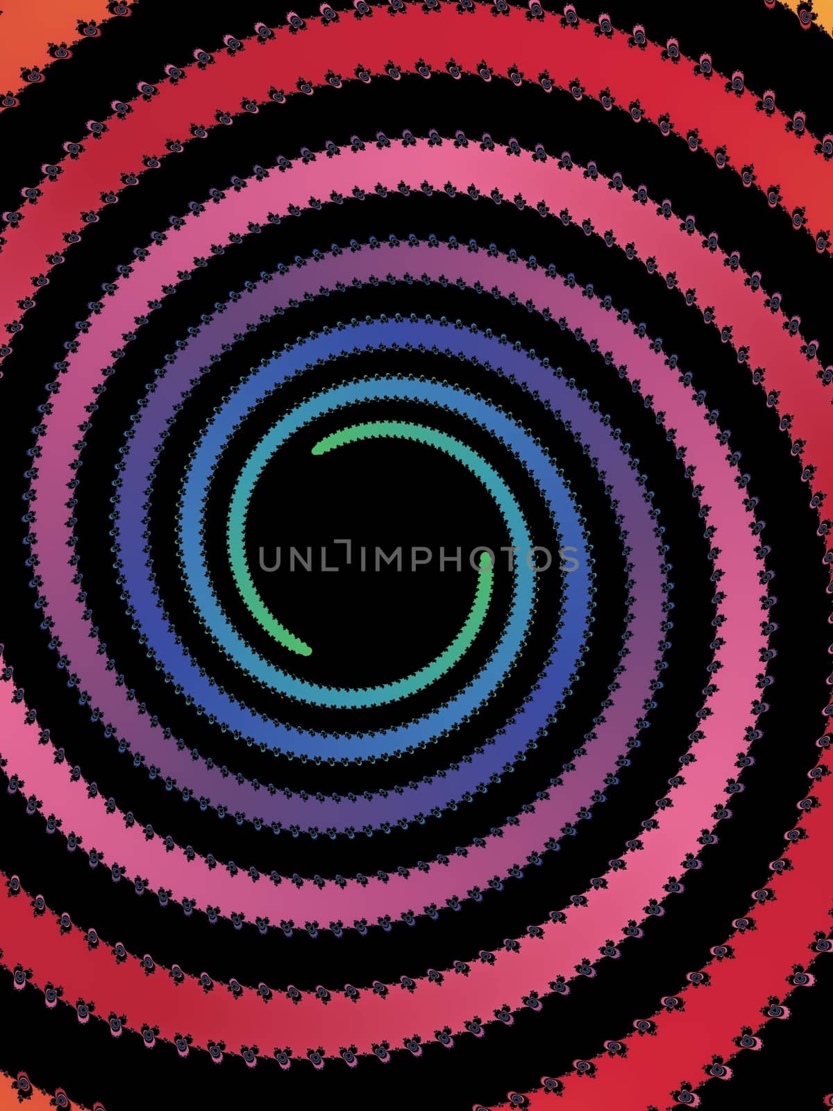 Digital computer graphic - rendering. Patterned fractal spiral on a black background for design.