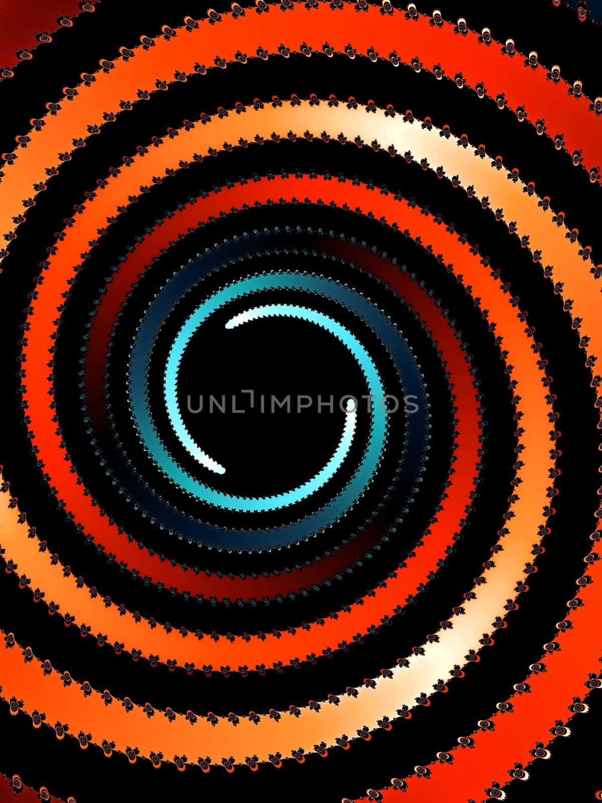 Digital computer graphic - rendering. Patterned fractal spiral on a black background for design.