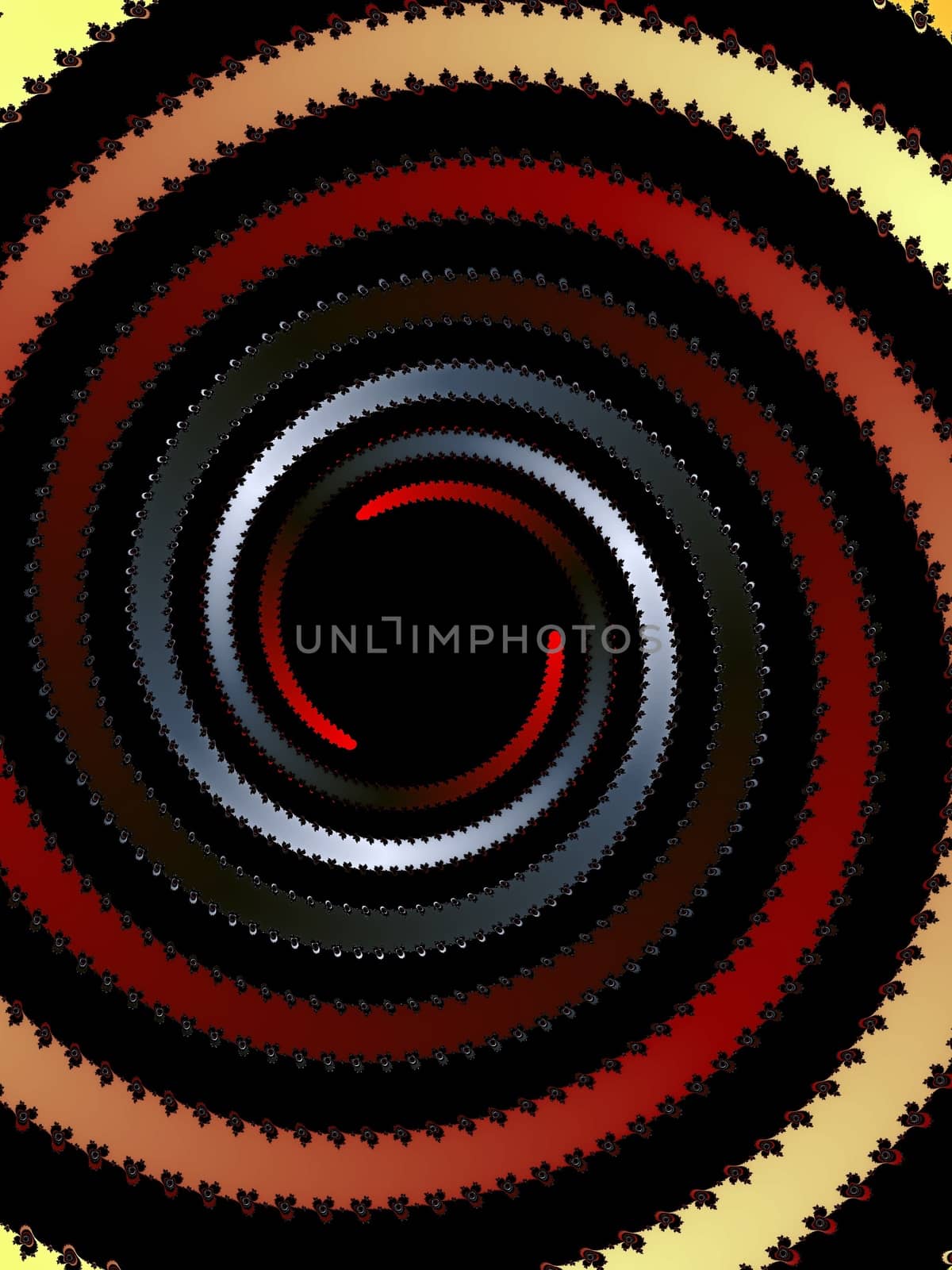 Digital computer graphic - rendering. Patterned fractal spiral on a black background for design.