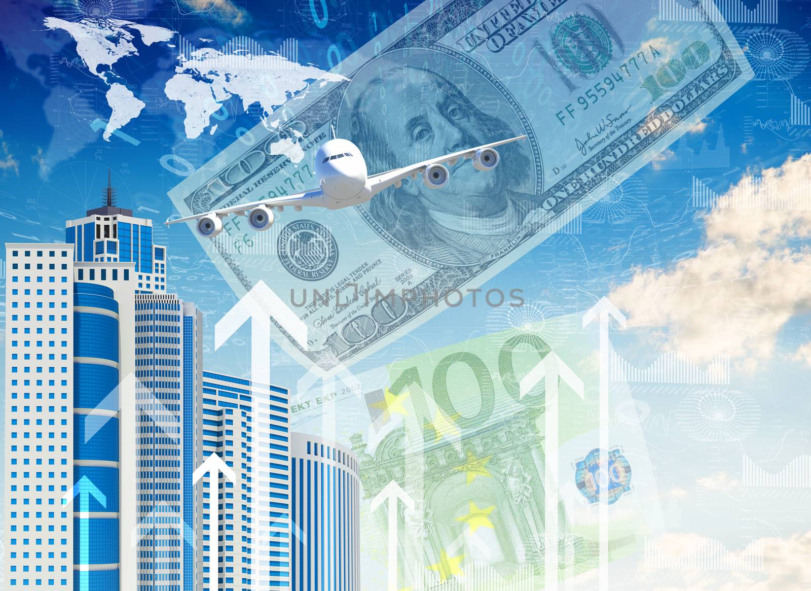 Airplane with the background of skyscrapers and money. Business concept